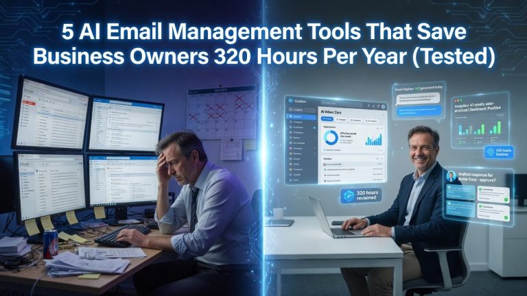 Business owner stressed with many monitors vs. happy manager using AI email tools