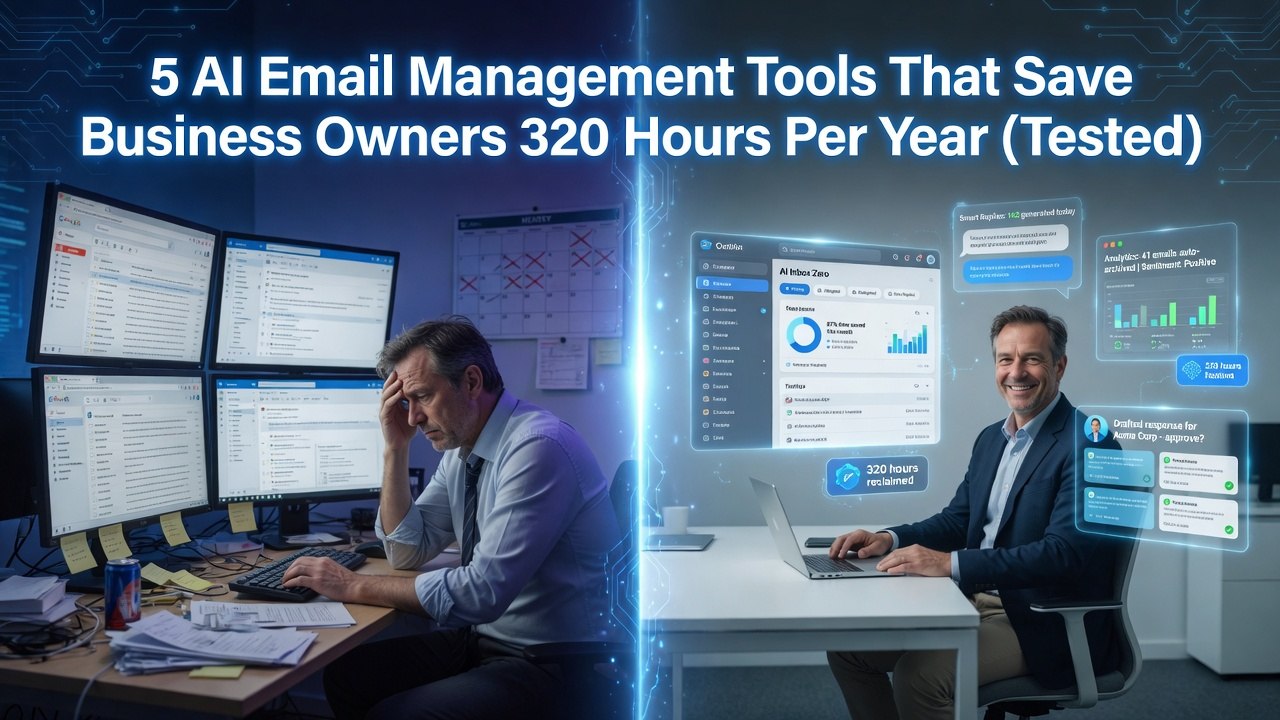 Business owner stressed with many monitors vs. happy manager using AI email tools