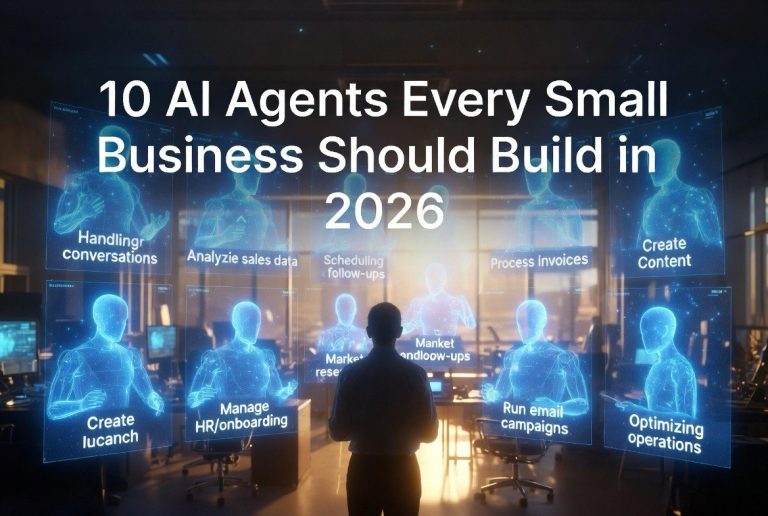 10 AI agents for small business with holographic AI avatars and futuristic office interface