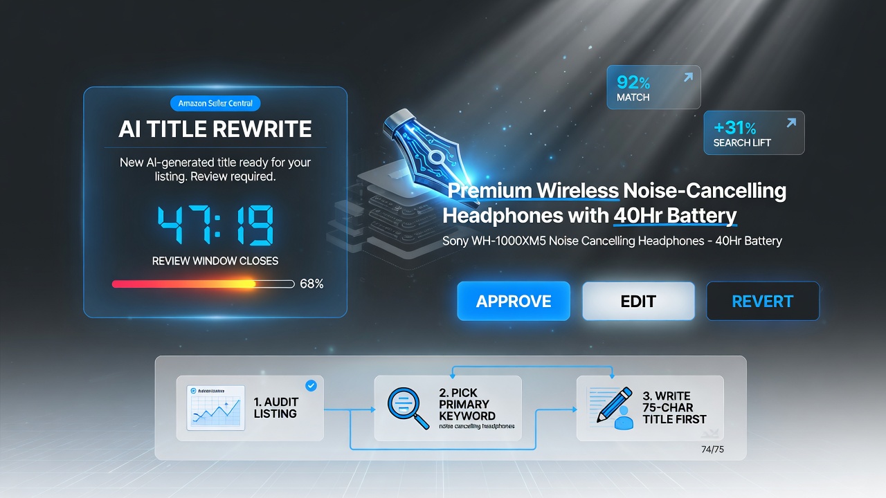 Amazon AI title rewrite countdown with a finite review window and approve edit or revert options