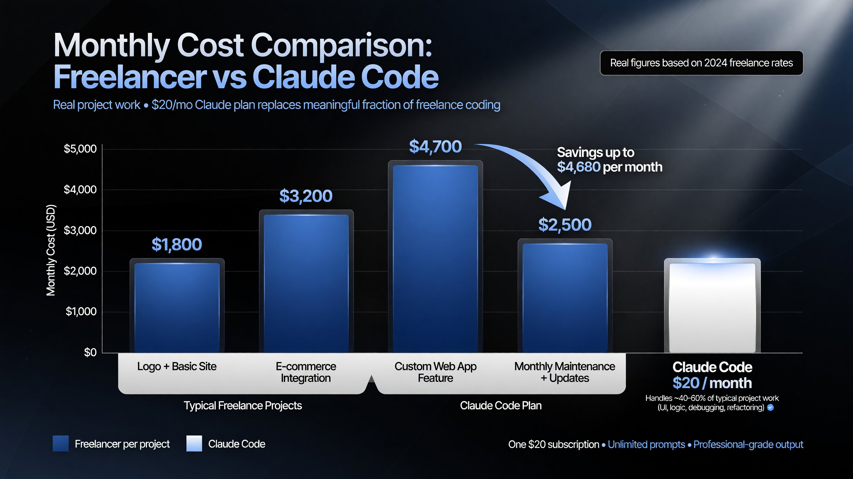 Cost savings bar chart: freelance developer projects at $500-$5,000 vs Claude Code on a $20 monthly plan
