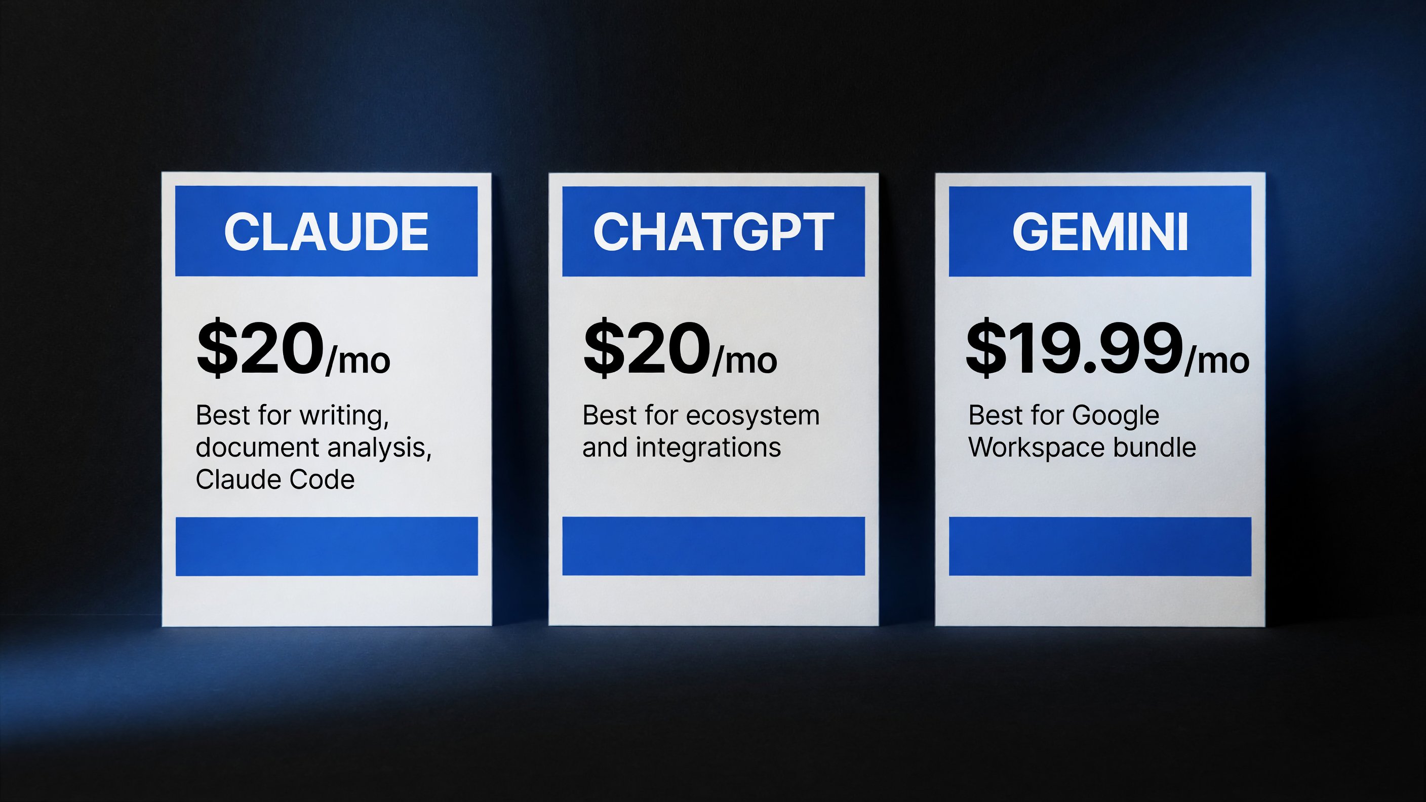 Three-way AI assistant comparison at $20/month: Claude, ChatGPT, and Gemini with their best use cases