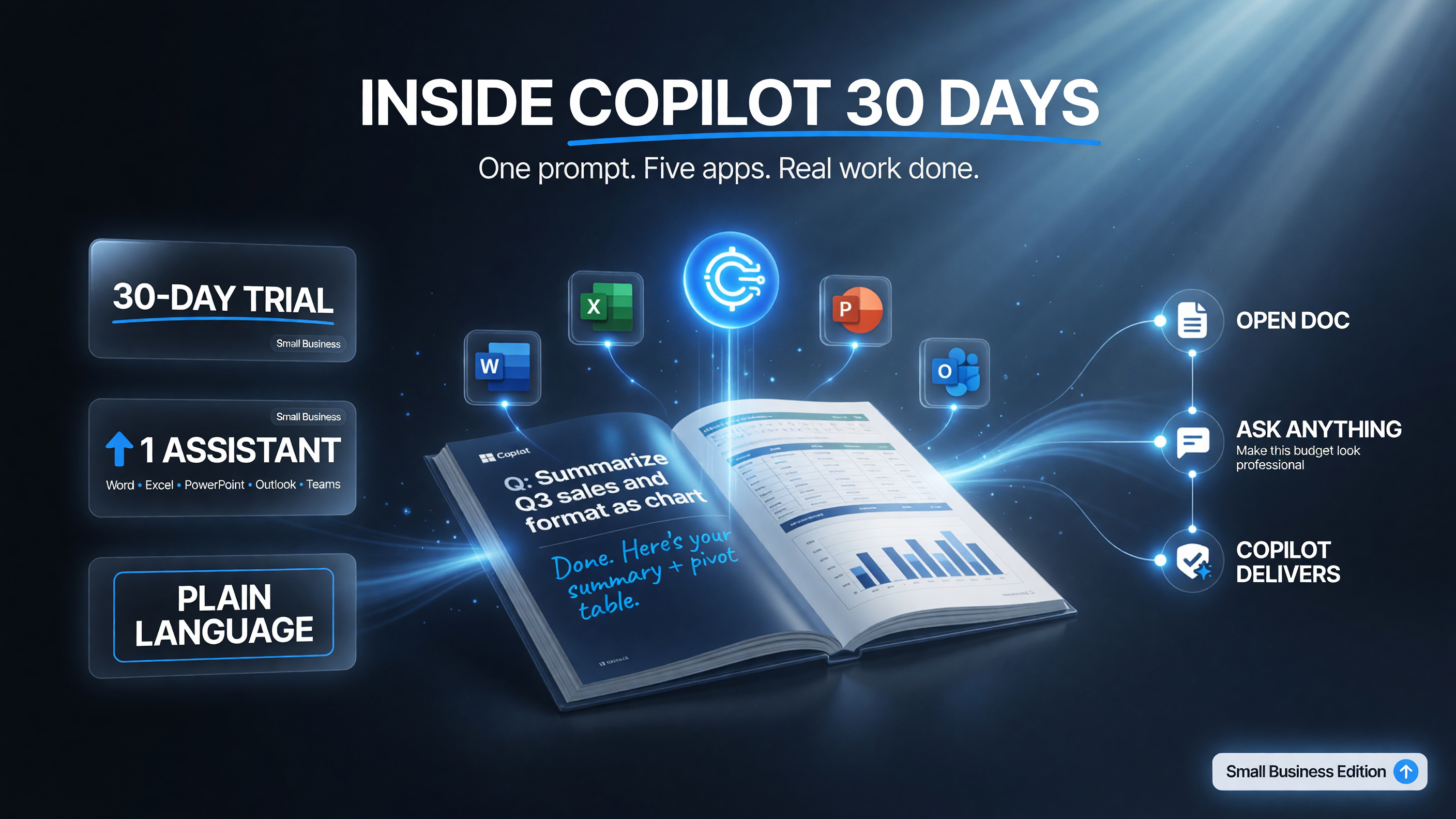 Microsoft Copilot trial workflow open document spreadsheet ask plain language drafts summarizes analyzes formats one assistant Word Excel Outlook PowerPoint Teams