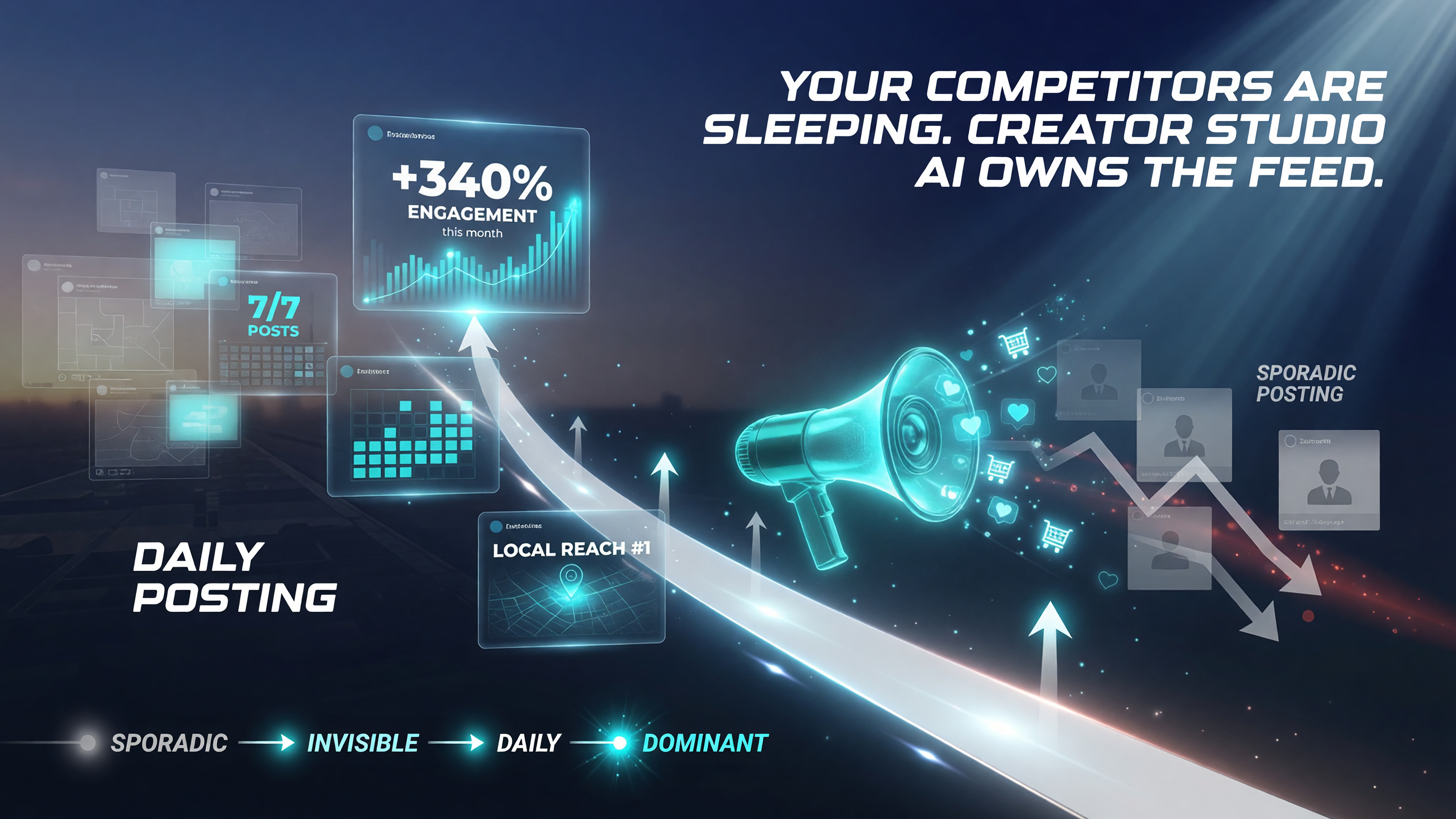 Competitive threat visual showing business owners who post daily with Creator Studio AI rising and owning local attention while sporadic posters fall behind