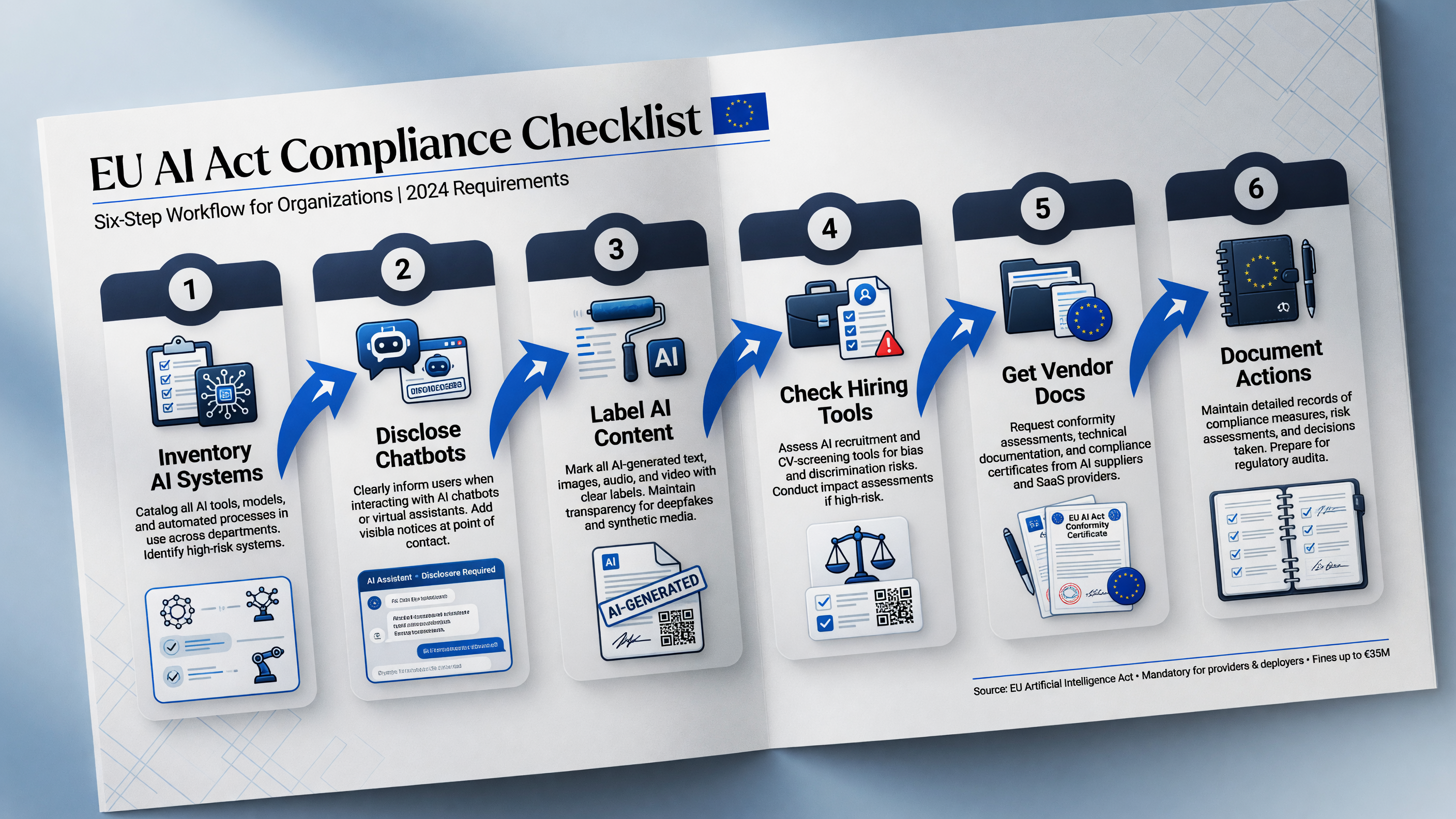 Six-step EU AI Act compliance workflow diagram for US businesses: inventory AI systems, disclose chatbots, label AI content, check hiring tools, get vendor documentation, document actions