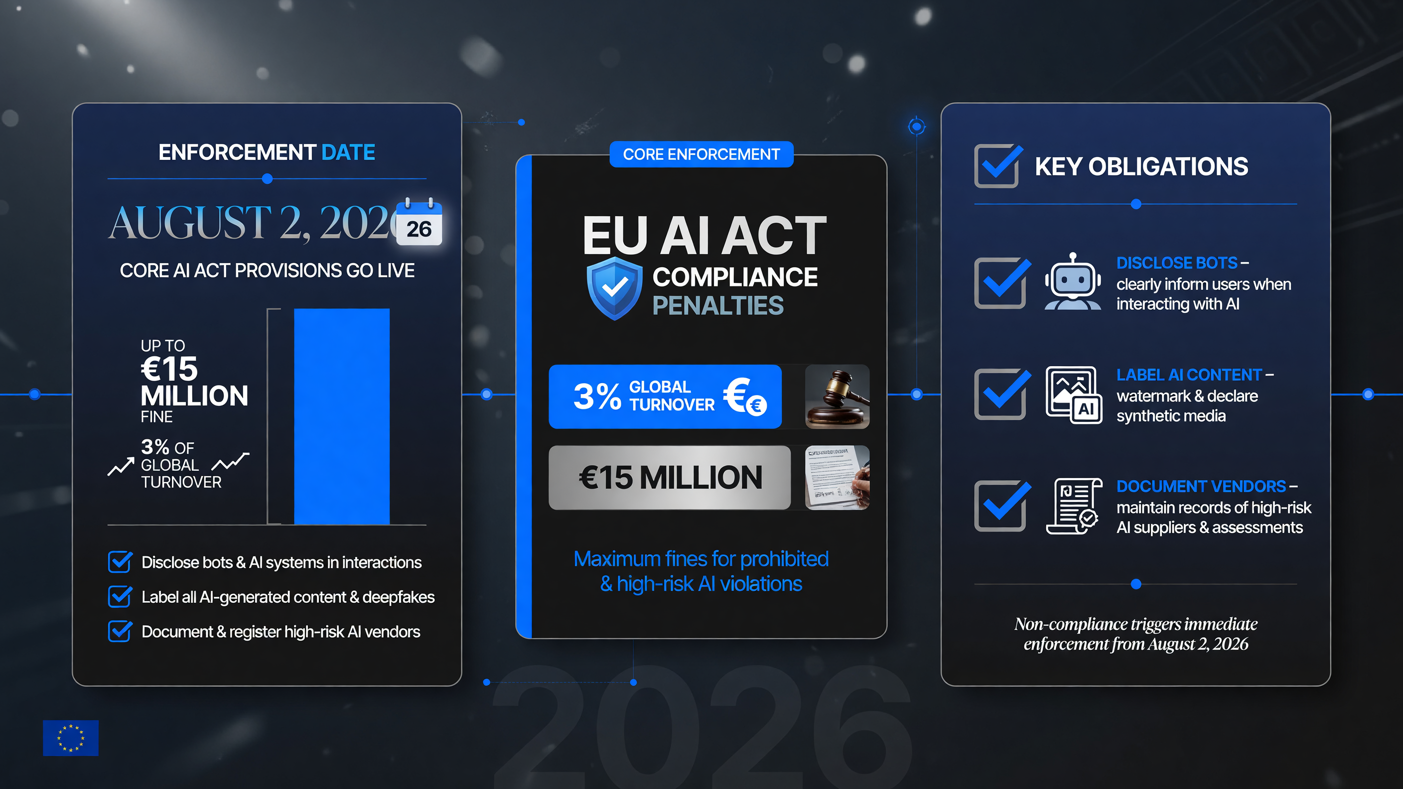 EU AI Act penalty infographic showing August 2 2026 enforcement date, up to 15 million euro fine and 3 percent of global turnover