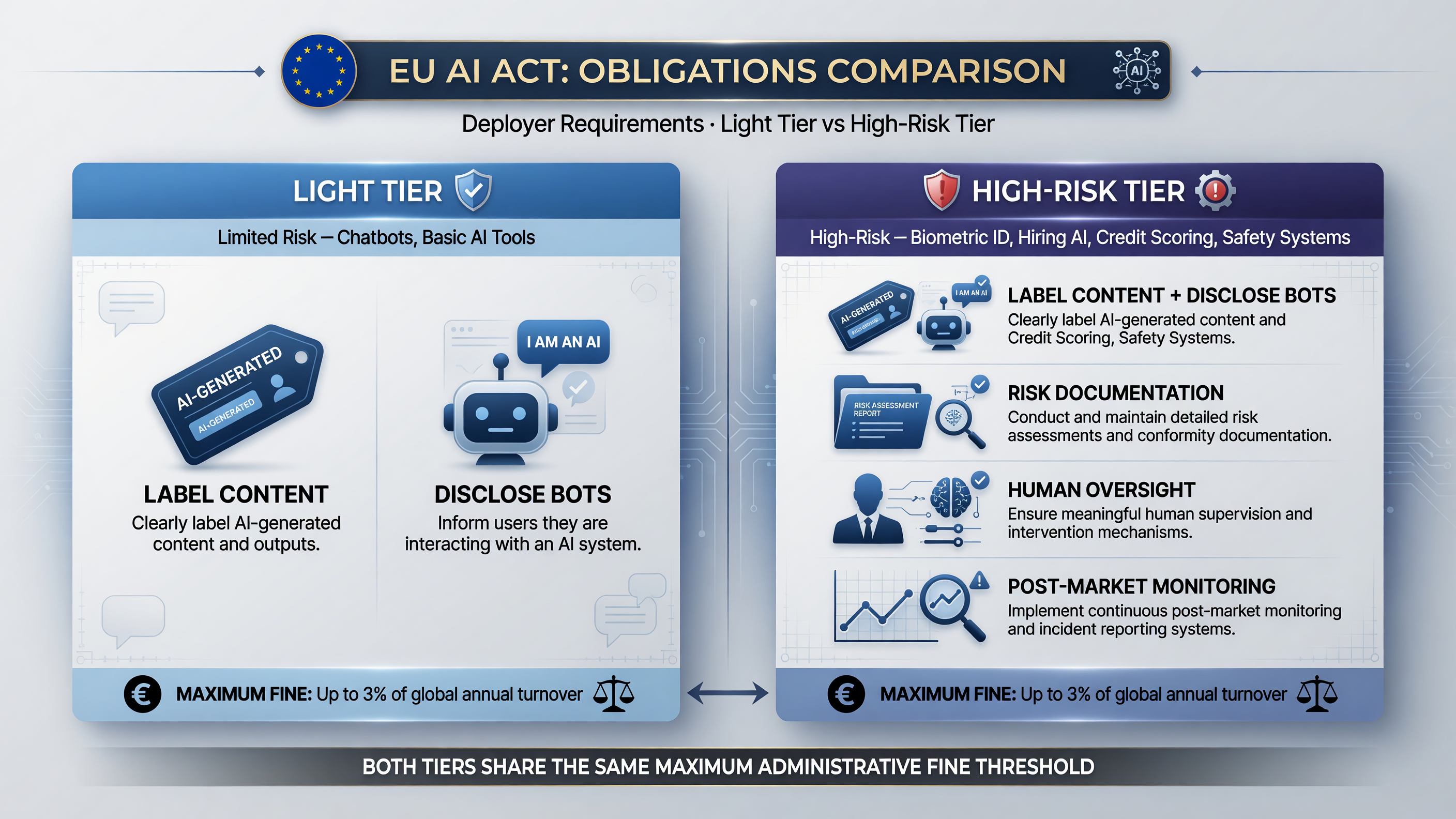 EU AI Act light tier vs high risk tier comparison showing label content and disclose bots for light tier versus added risk documentation, human oversight and post-market monitoring for high risk