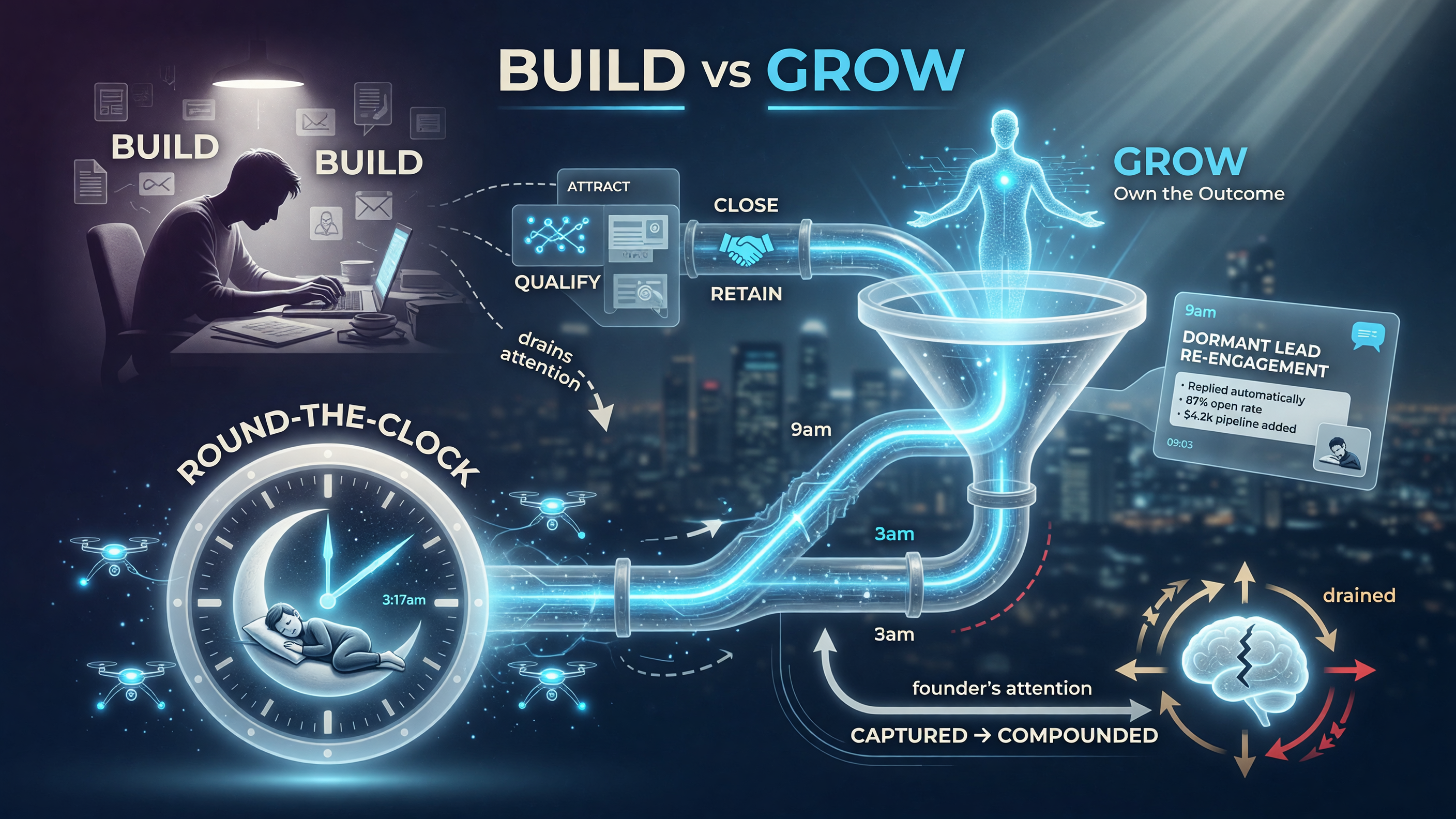 A build-vs-grow AI agent funnel showing four stages — attract, qualify, close, retain — running round-the-clock, capturing and compounding founder attention instead of draining it.