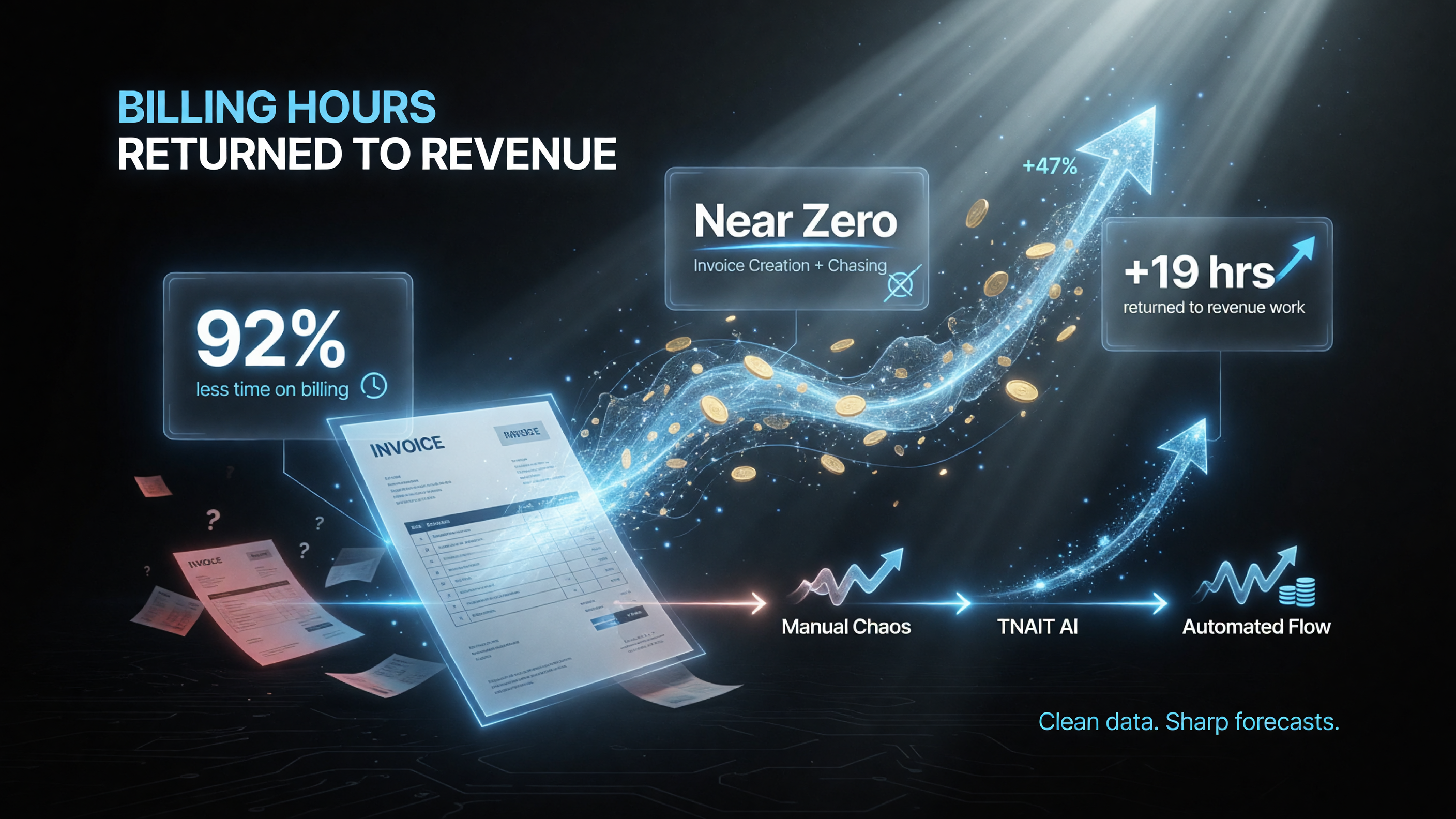 AI invoicing automation infographic showing how cutting invoice creation and chasing to near zero returns billing hours to revenue-producing work, while clean automated data feeds sharper cash flow forecasting