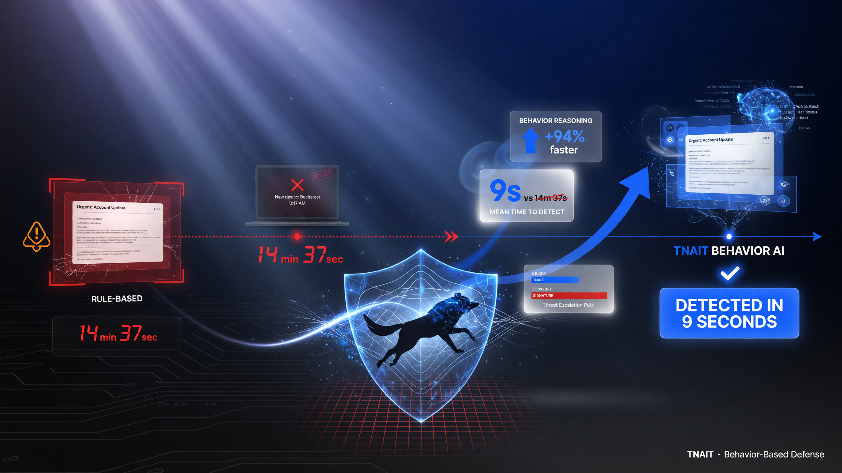 Behavior-based AI detection catching a phishing and login threat that a signature engine misses
