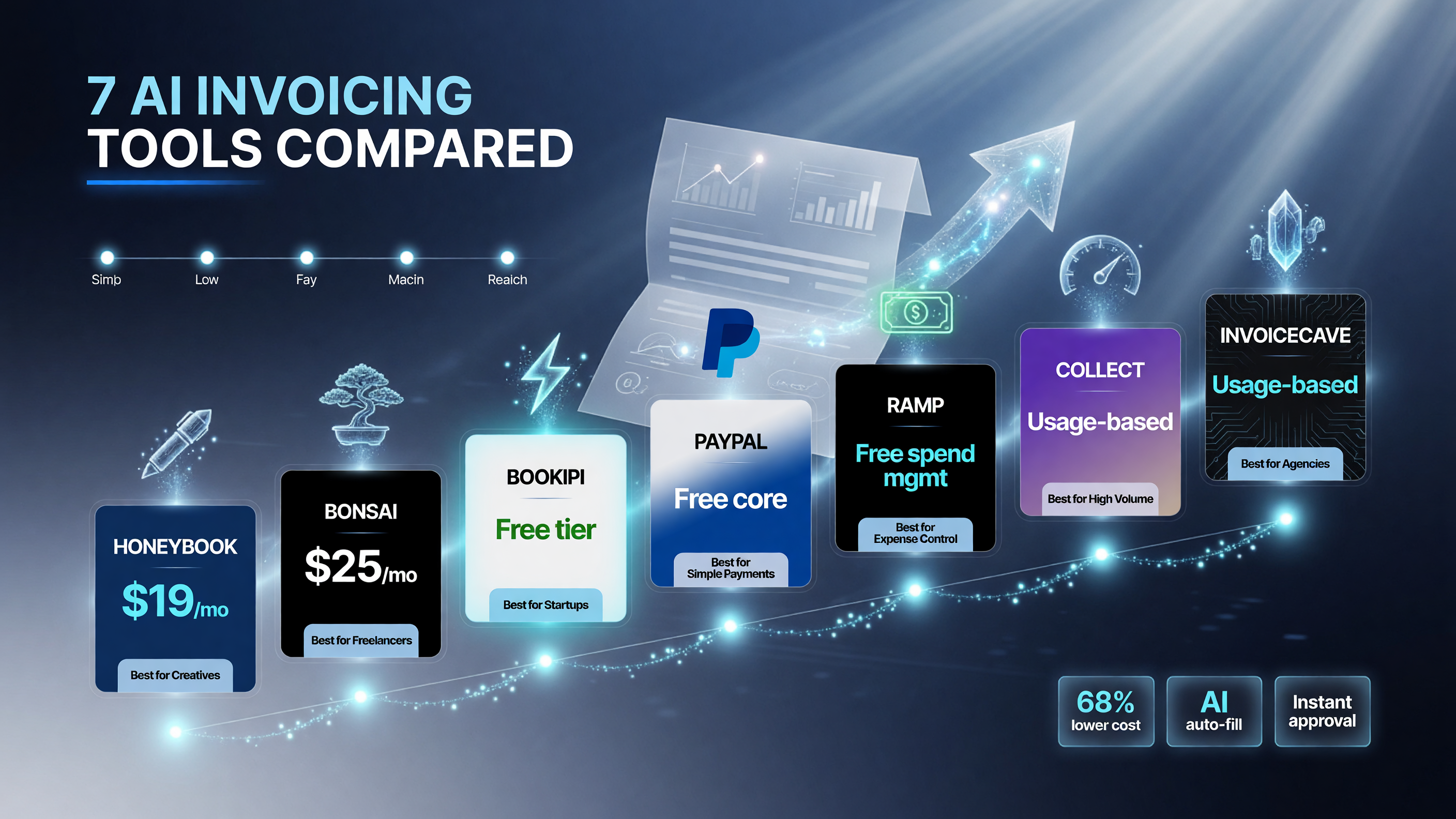 Comparison of seven AI invoicing tools with starting prices: HoneyBook about 19 dollars a month, Bonsai about 25 dollars a month, Bookipi free tier, PayPal free core, Ramp free spend management, and Collect and InvoiceCave usage-based
