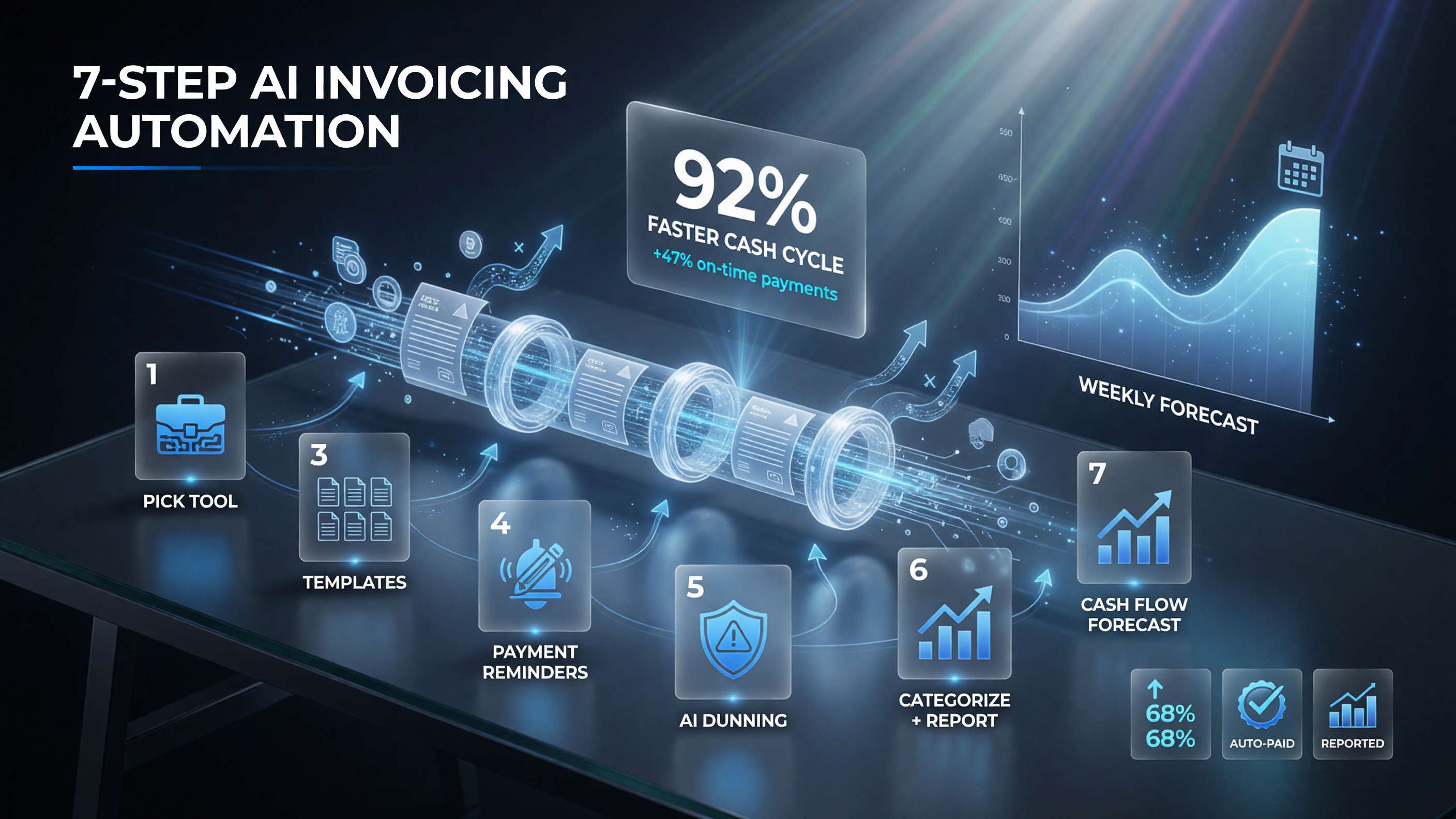 Seven step AI invoicing automation workflow: pick the tool, set up templates and details, let AI draft invoices, turn on automated payment reminders, set up AI dunning for late payers, automate categorization and reporting, and review the cash flow forecast weekly
