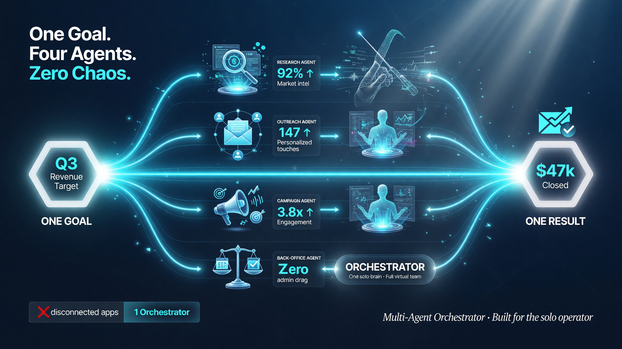 Multi-agent orchestrator flow: one goal splits into parallel research, outreach, campaign, and back-office agent tasks, then reassembles into a single finished result