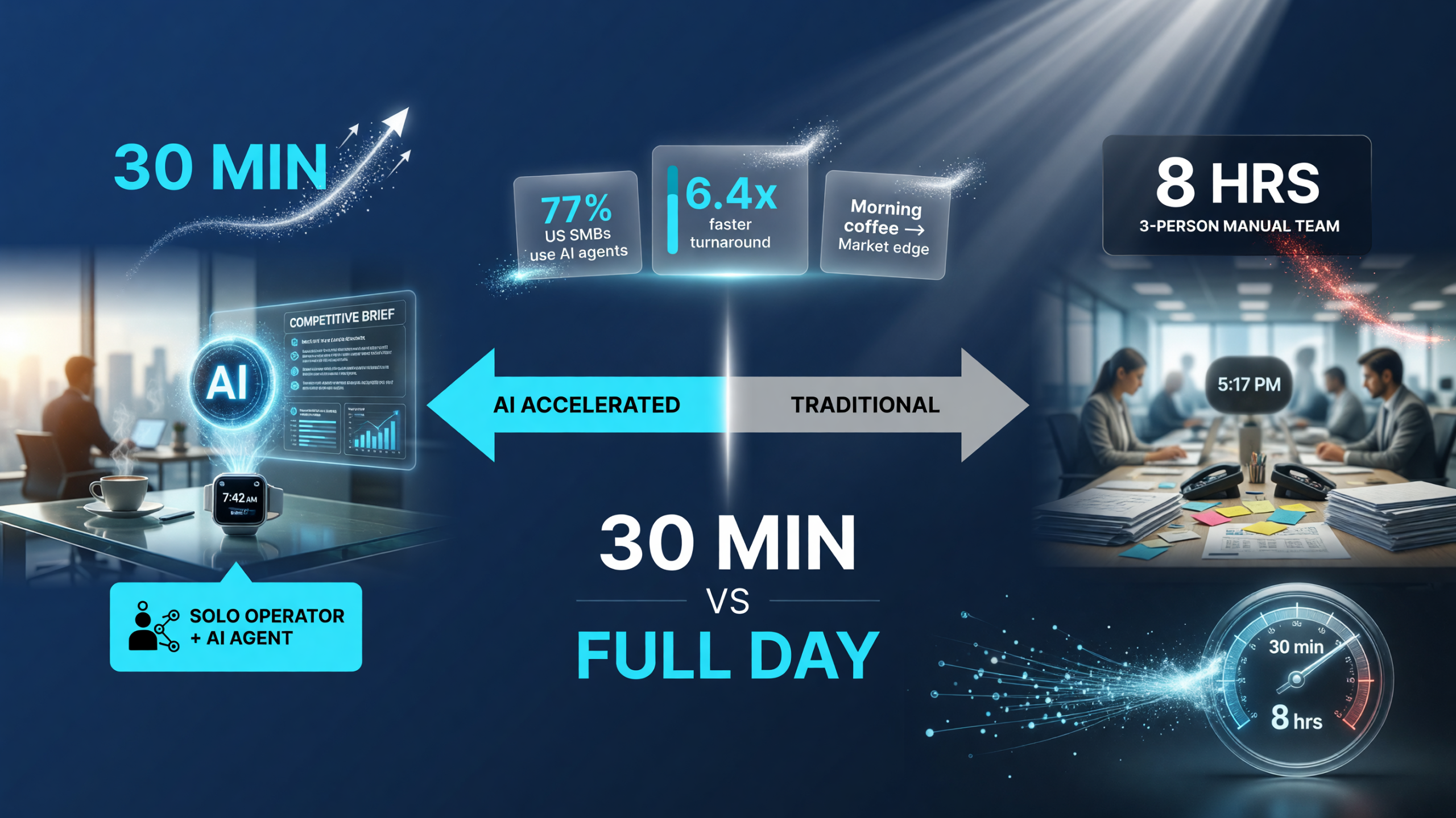 Research turnaround comparison: solo operator with an AI research agent gets a market brief in under 30 minutes versus a 3-person manual team taking a full workday