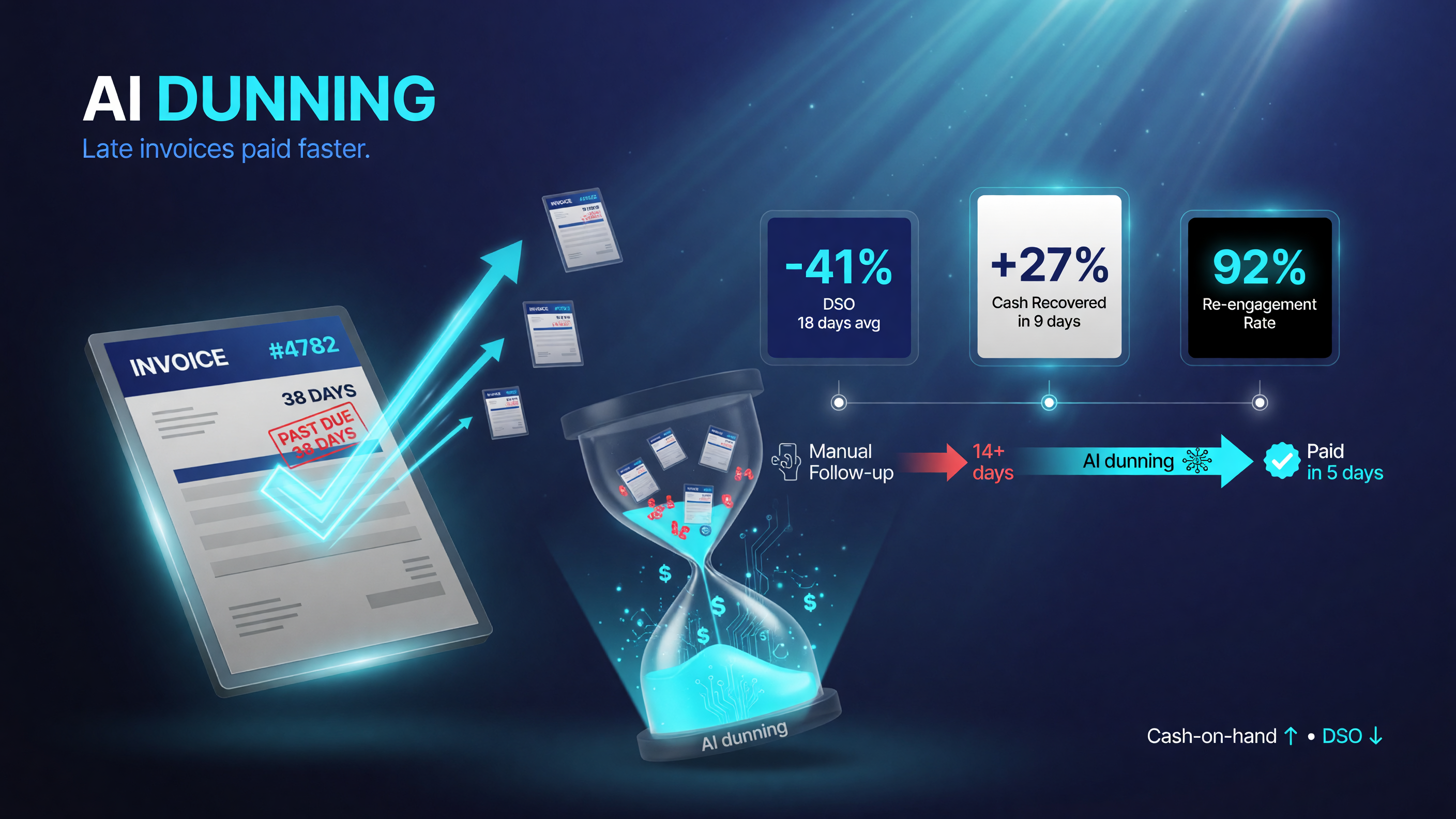 AI dunning infographic showing how automated payment reminders re-engage late payers so invoices get paid in fewer days, improving cash on hand and days sales outstanding for a small business