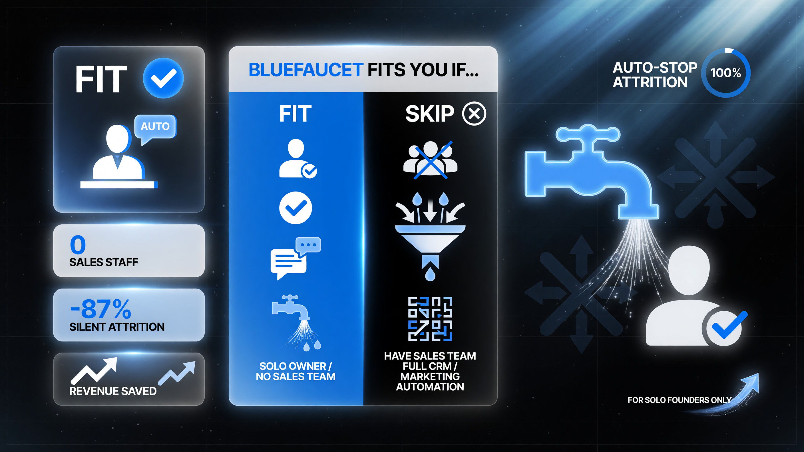 BlueFaucet fits a solo owner with no sales staff who wants to stop silent attrition automatically, but skip it if you have a sales team or need a full pipeline CRM