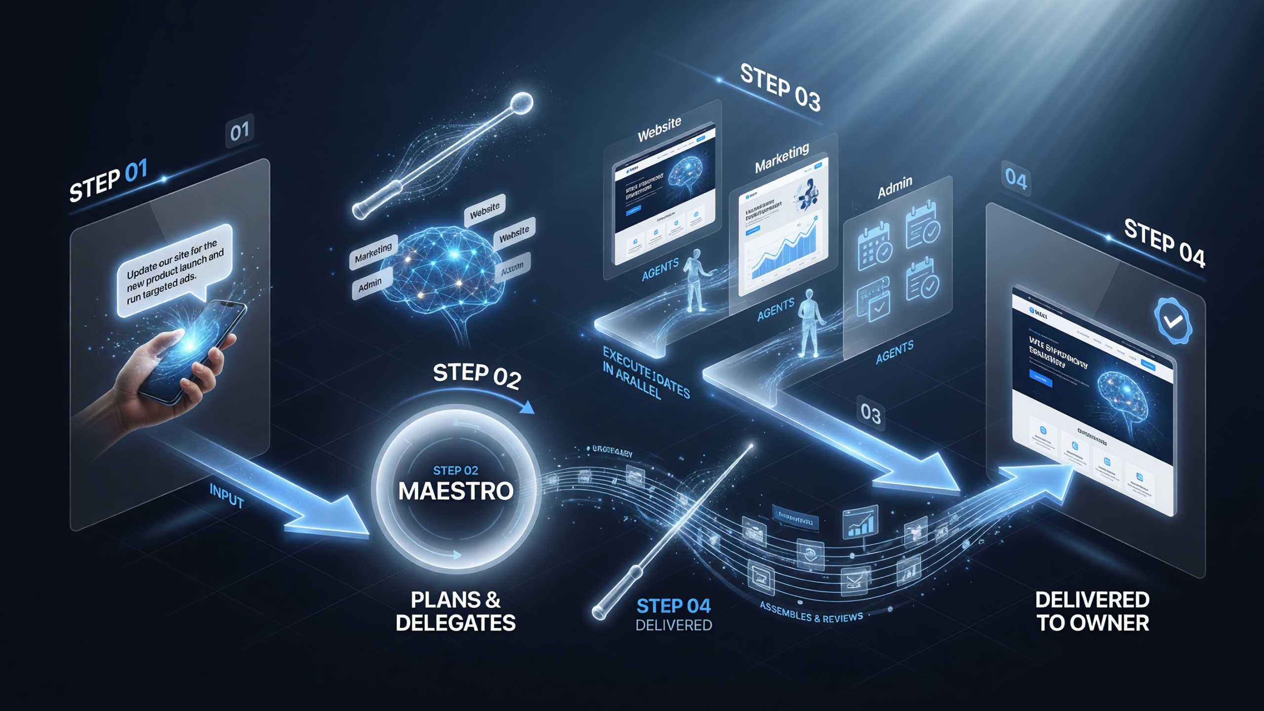 Four-step Maestro orchestration workflow: a natural-language task enters, Maestro plans and breaks it into subtasks, specialized sub-agents execute in parallel, and Maestro assembles and reviews the finished result