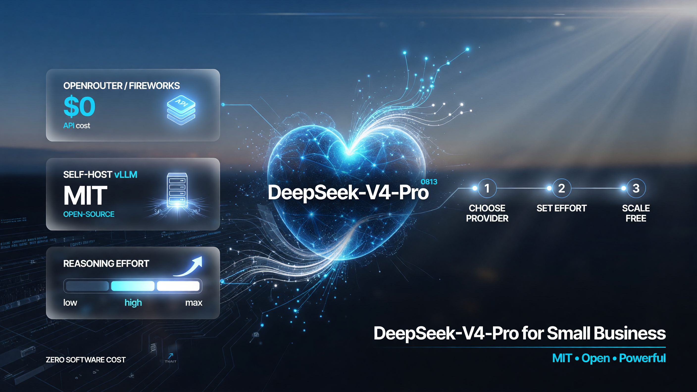 DeepSeek-V4-Pro-0813 usage for small business: API providers (OpenRouter/Fireworks), self-host vLLM, reasoning_effort (low/high/max) — zero software cost, MIT open-source