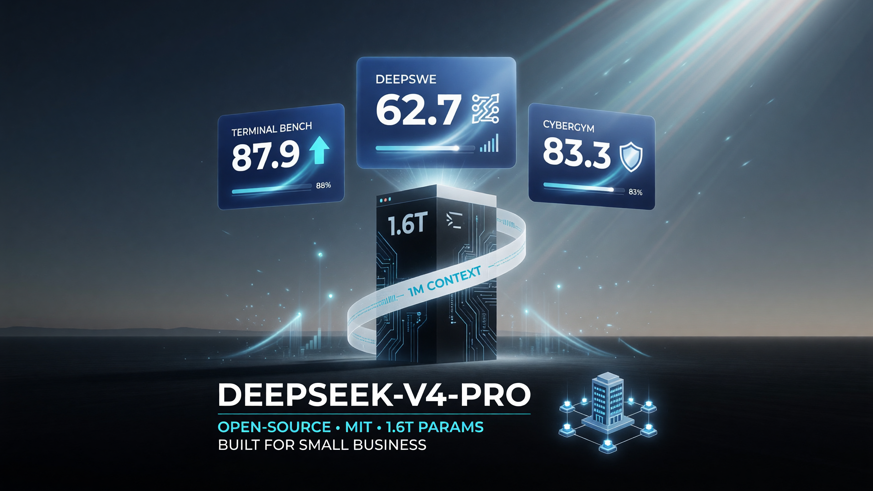 DeepSeek-V4-Pro-0813 benchmark scores: Terminal Bench 87.9, DeepSWE 62.7, Cybergym 83.3 — strong agentic and coding performance for small business automation