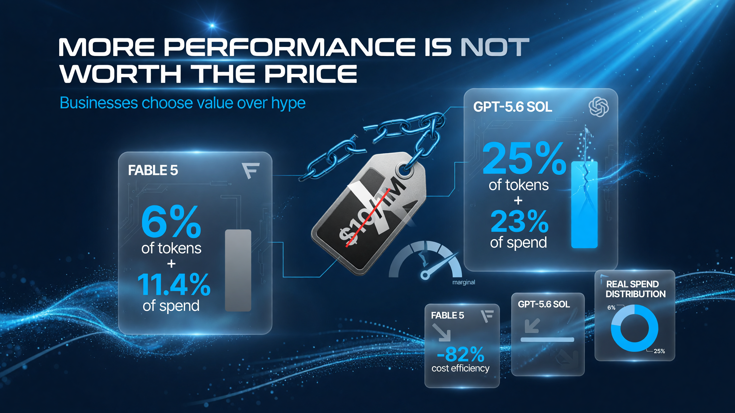 Fable 5 vs GPT-5.6 Sol flagship model adoption and spend comparison showing businesses refuse to pay double for marginal performance.
