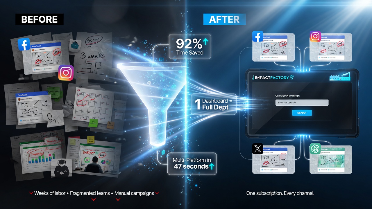 ImpactFactory.ai marketing agency in a box before and after comparison for US small businesses