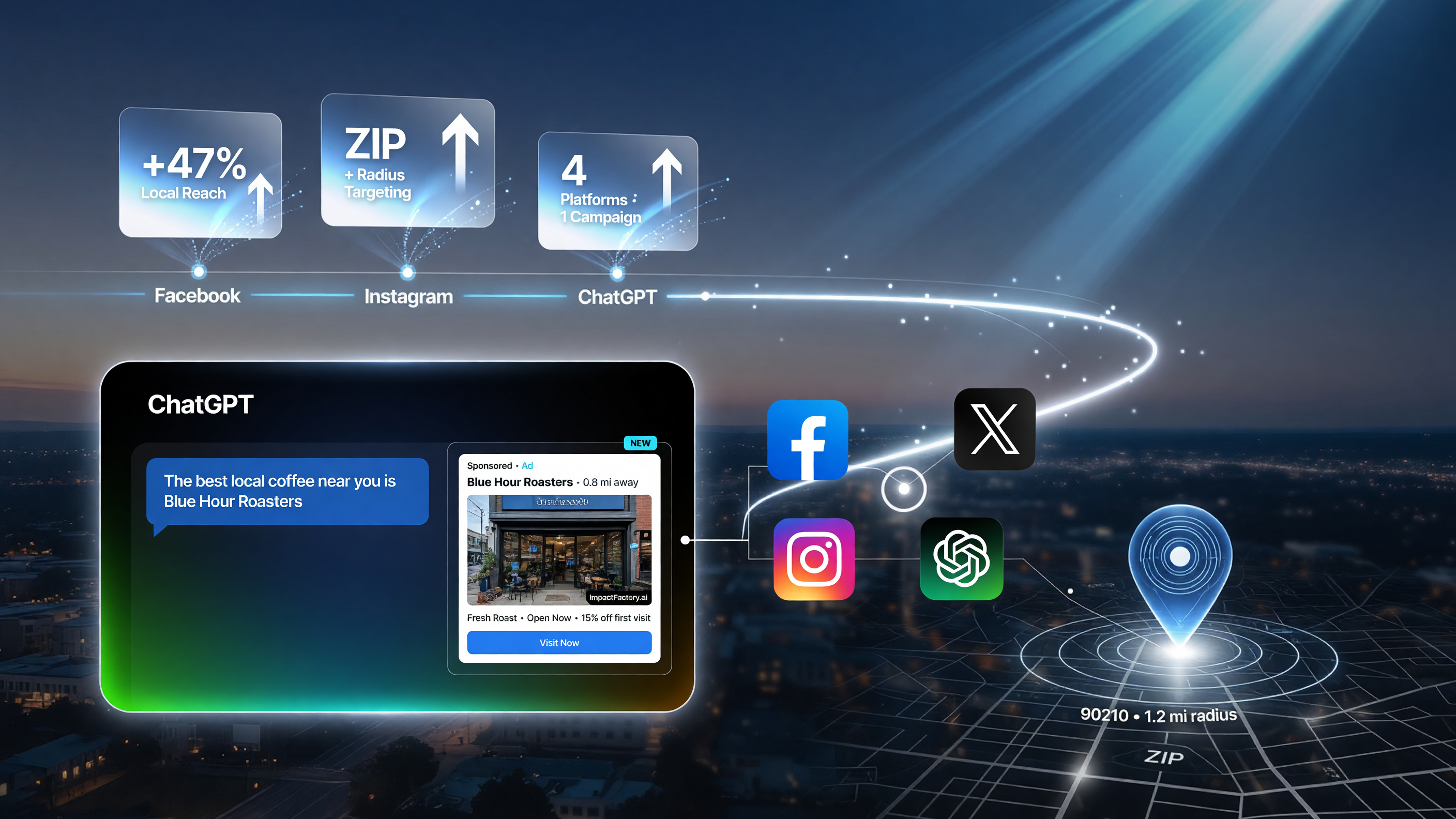 ImpactFactory.ai ChatGPT advertising targeting flow for local US small businesses