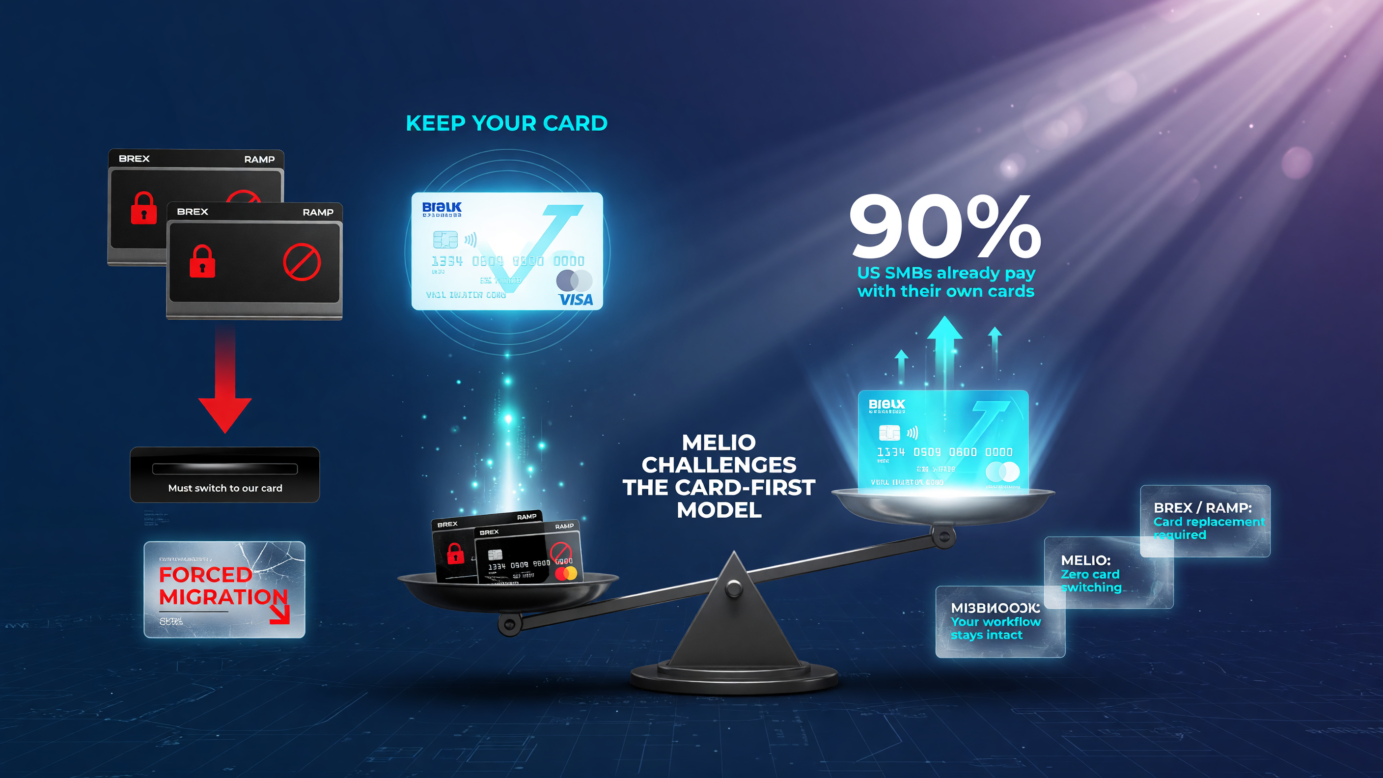 Melio vs card-first rivals Brex and Ramp: you keep your existing business card instead of switching to a new corporate card