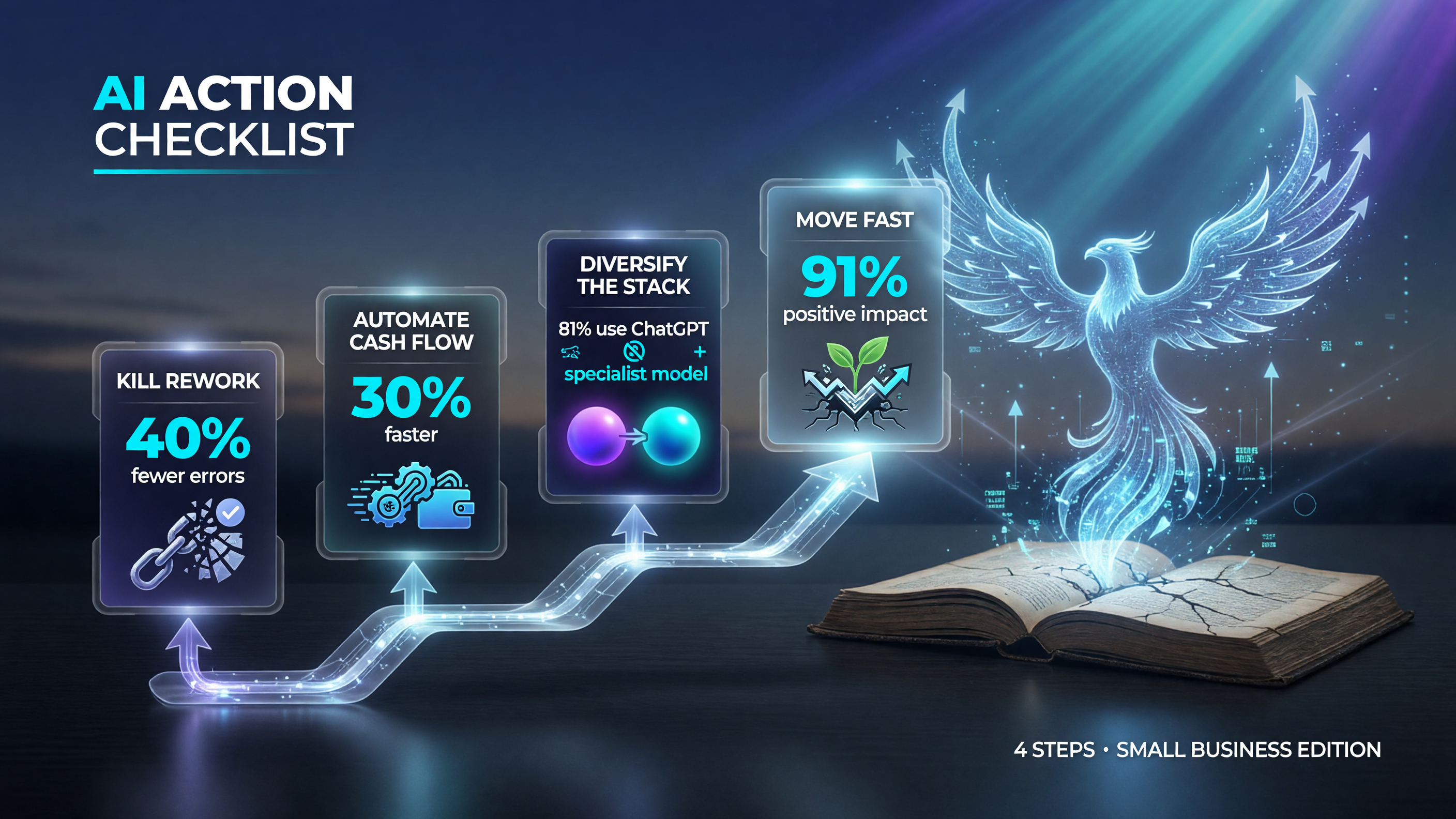 Four-step AI action checklist: kill rework (40% fewer errors), automate cash flow (30% faster), diversify the stack (ChatGPT 81%), move fast (91% positive impact)