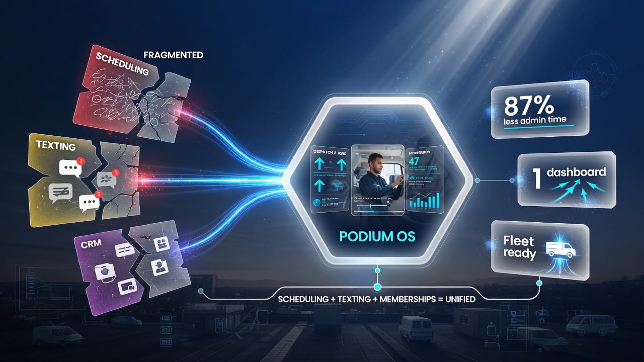 Podium AI Operating System unifying fragmented home-service tools for US plumbing HVAC electrical businesses