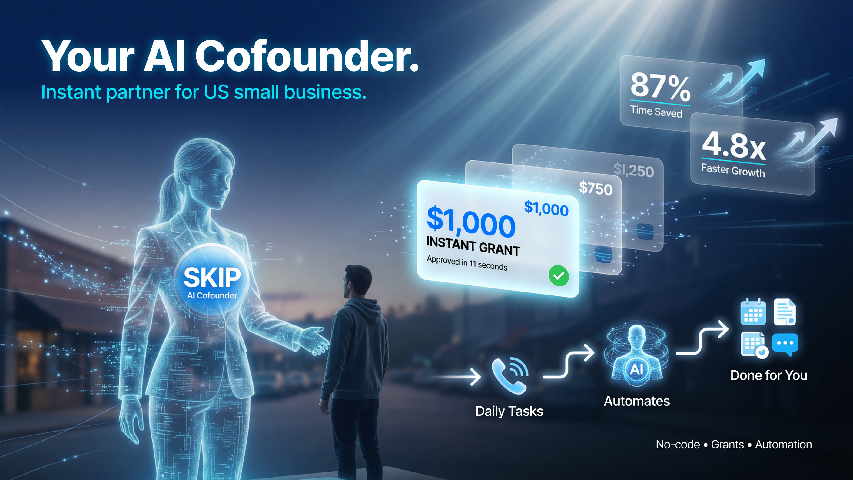 Skip AI Cofounder grants US small businesses a $1,000 instant grant with an AI agent that automates daily business tasks