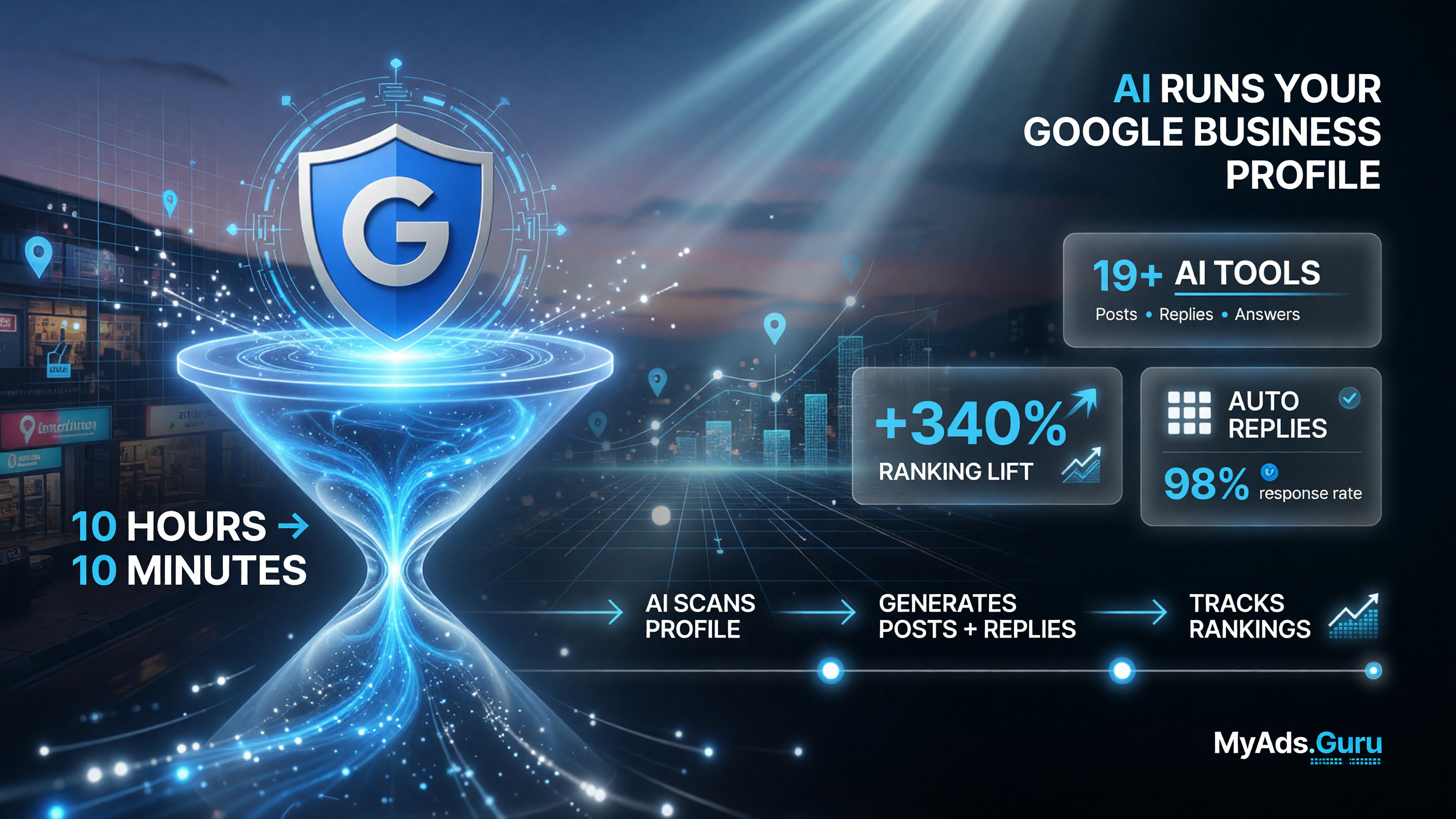 MyAds.Guru compresses 10 hours of local SEO into 10 minutes with 19+ AI tools