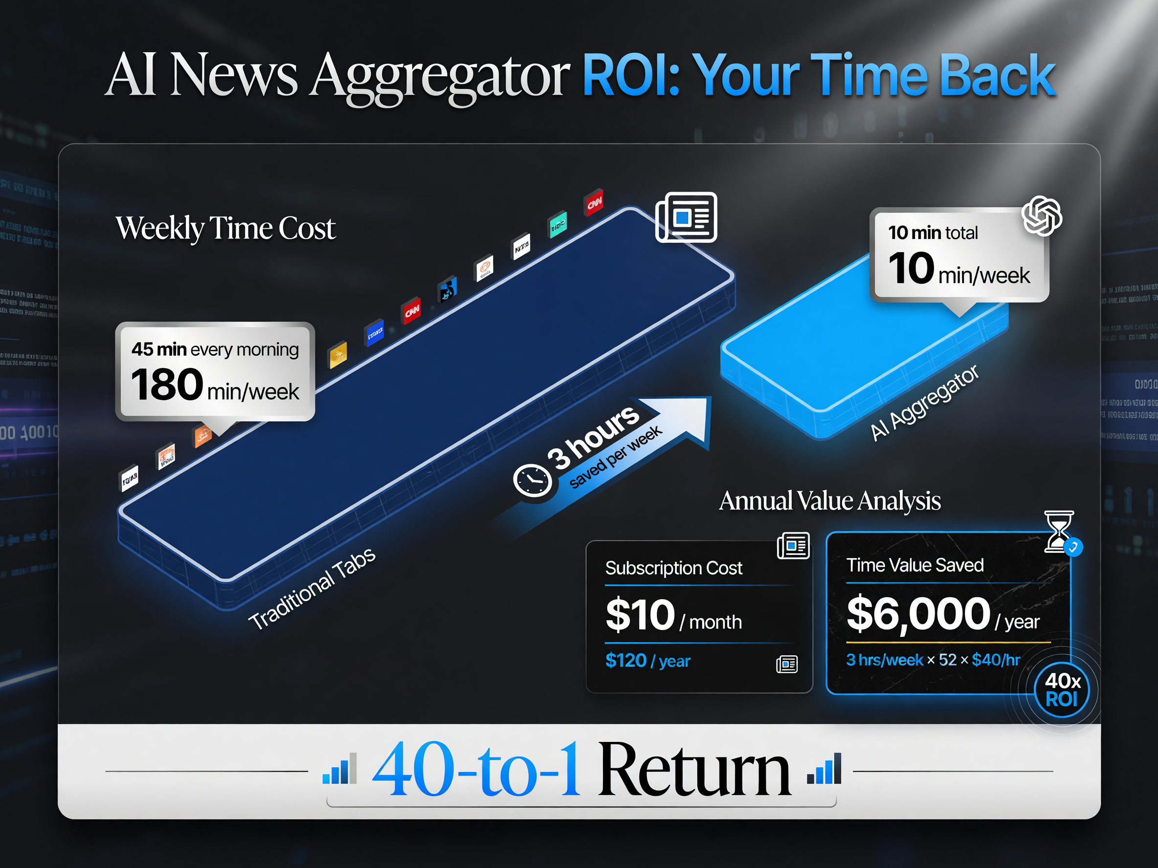 Cost-savings chart: AI news aggregator at 10 minutes vs 45 minutes of manual reading, worth $6,000 a year