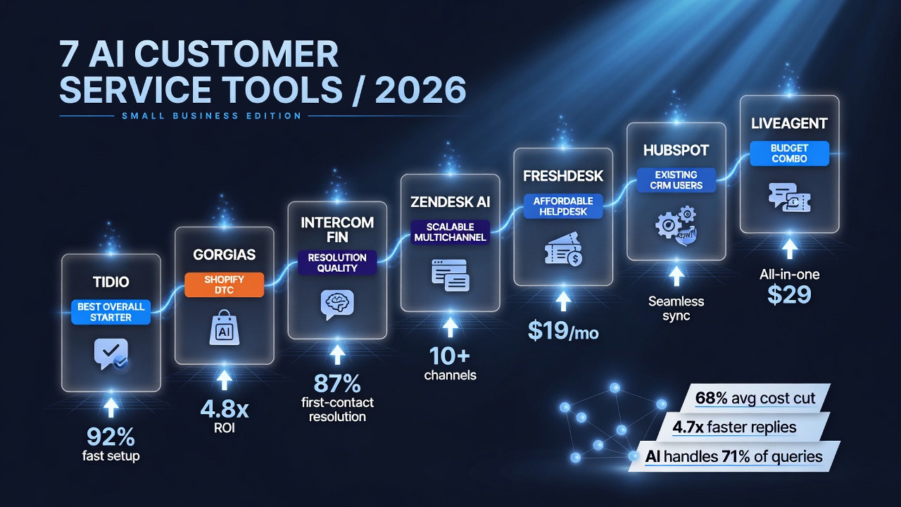 Seven AI customer service tools compared side by side for small business: Tidio, Gorgias, Intercom Fin, Zendesk AI, Freshdesk, HubSpot, LiveAgent with best-fit use cases