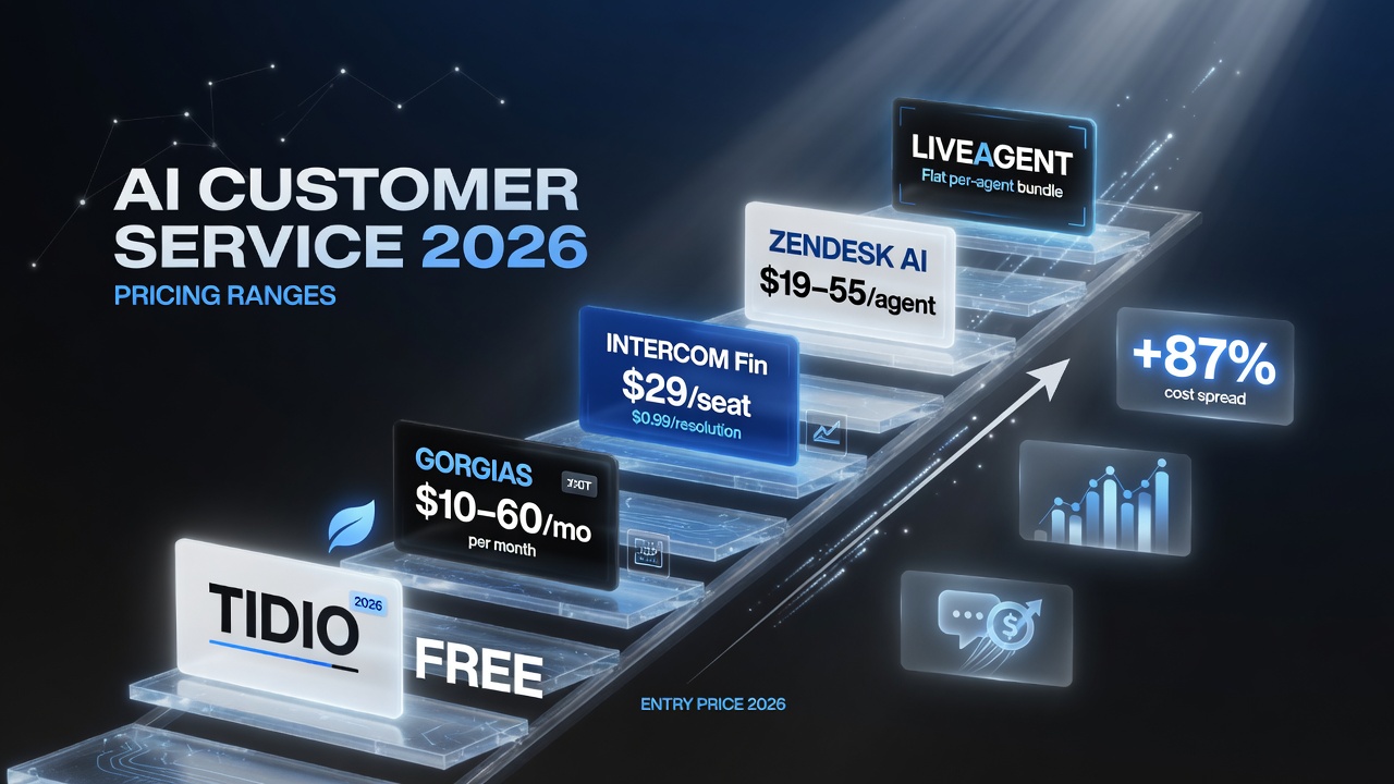 AI customer service pricing ladder showing entry price points for 2026: Tidio free, Gorgias 10 to 60 dollars, Intercom Fin 29 dollars per seat plus 99 cents per resolution, Zendesk AI 19 to 55 dollars per agent, LiveAgent flat per-agent