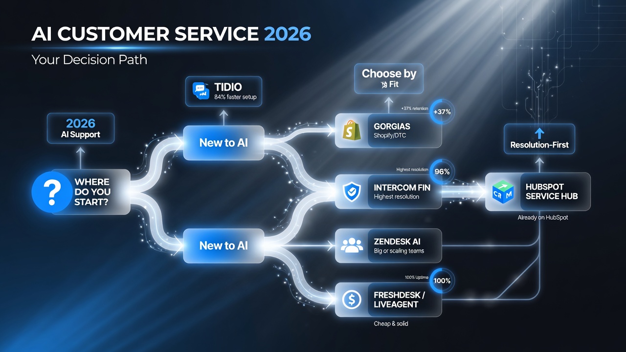 Decision path flowchart routing a small business to the best AI customer service tool by situation: new to AI to Tidio, Shopify to Gorgias, resolution quality to Intercom Fin, big team to Zendesk AI, cheap helpdesk to Freshdesk or LiveAgent, HubSpot CRM to HubSpot Service Hub