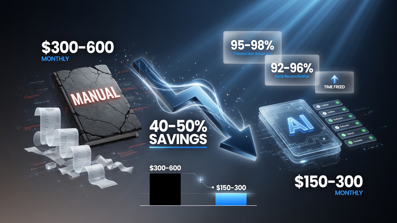 AI bookkeeping cost savings before and after: manual bookkeeping runs about 300 to 600 dollars a month, dropping to roughly 150 to 300 after AI automation, a 40 to 50 percent cut, with 95 to 98 percent transaction accuracy and 92 to 96 percent bank reconciliation