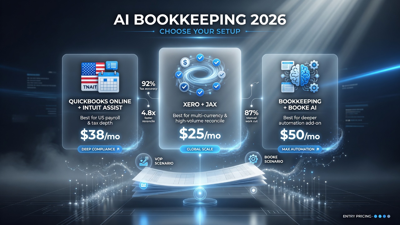 Comparison of AI bookkeeping setups: QuickBooks Online with Intuit Assist for US businesses needing deep payroll and tax at 38 dollars a month, Xero with JAX for multi-currency and high reconcile volume at 25 dollars a month, and Booke AI add-on for deeper automation at about 50 dollars a month