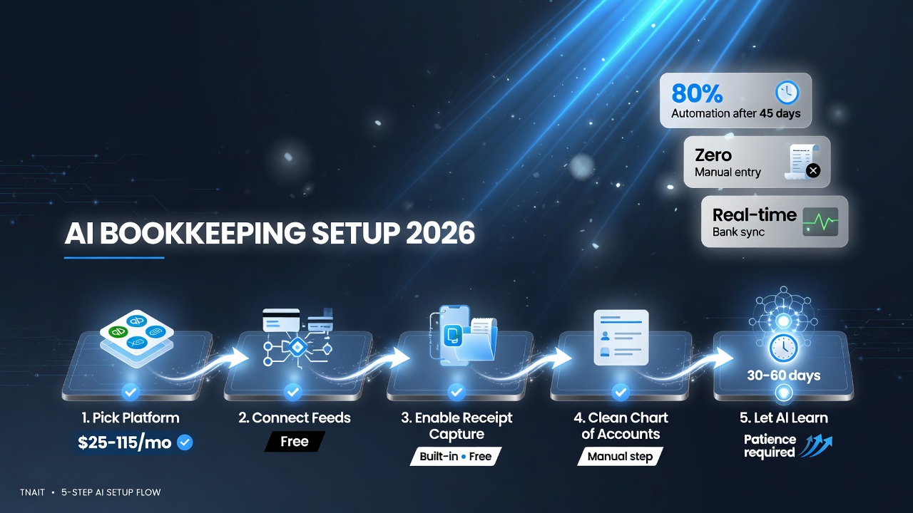 Five step AI bookkeeping setup flow: pick a QuickBooks or Xero platform at 25 to 115 dollars a month, connect bank and card feeds for free, enable receipt capture built into the platform for free, clean the chart of accounts, and give the AI 30 to 60 days to learn
