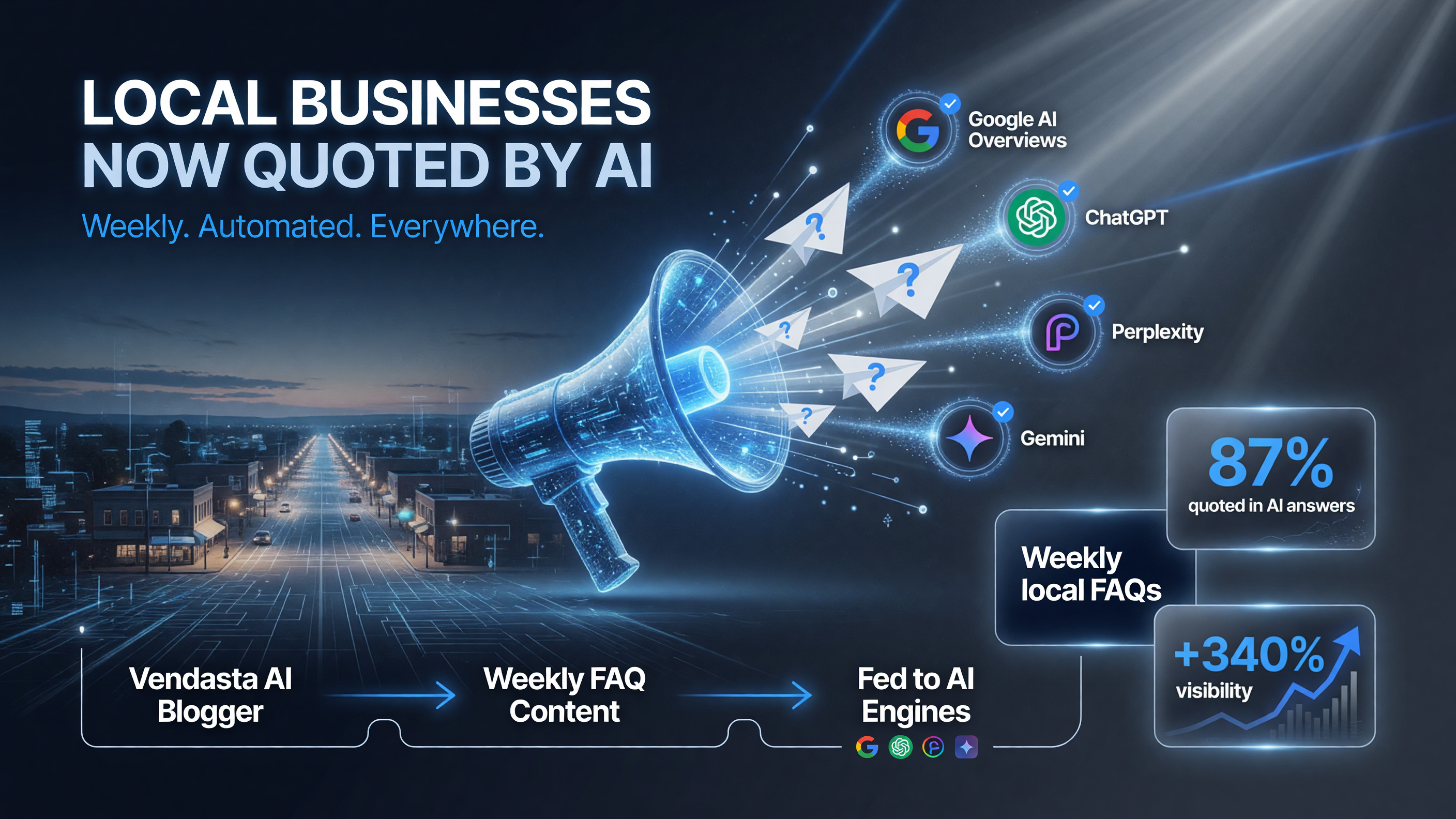 Vendasta AI Blogger feeds FAQ style local content to Google AI Overviews ChatGPT Perplexity Gemini