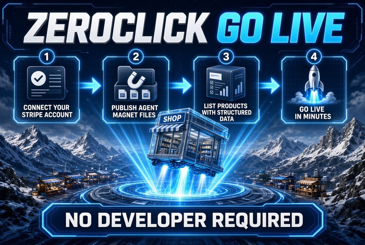 ZeroClick go-live infographic showing the four-step setup: connect Stripe, publish Agent Magnet files, list products with structured data, and go live in minutes with no developer required