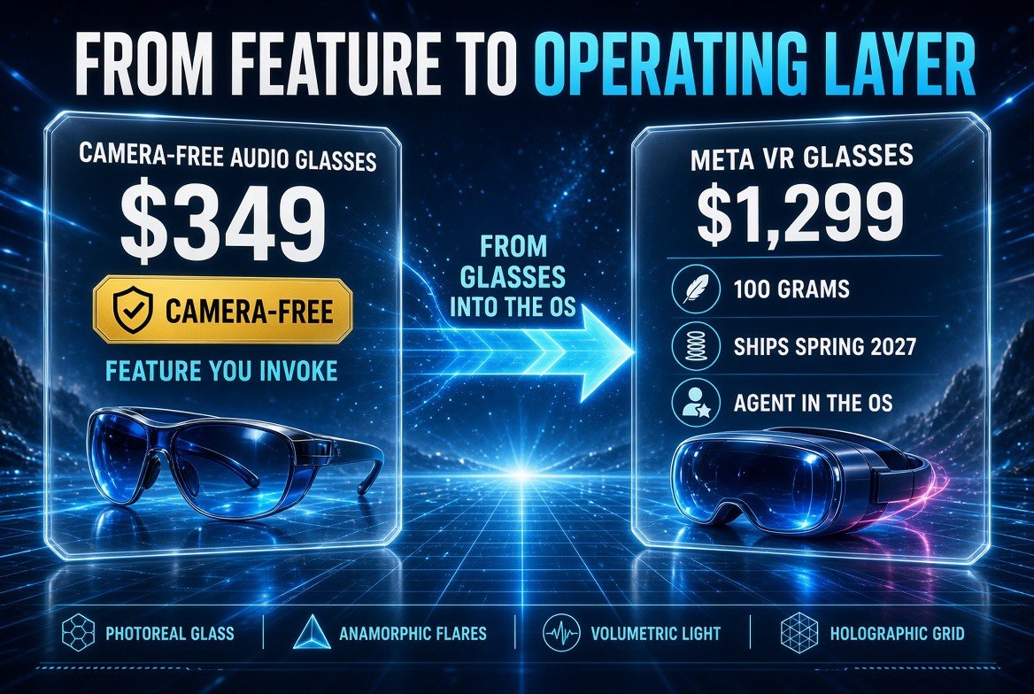 Infographic showing the Meta AI agent moving from a feature inside camera-free glasses to the operating layer of Meta VR Glasses