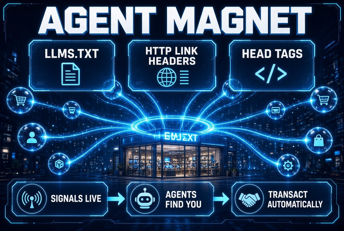Agent Magnet discovery setup showing llms.txt, HTTP Link headers, and head tags as the three signals that let AI shopping agents find a business