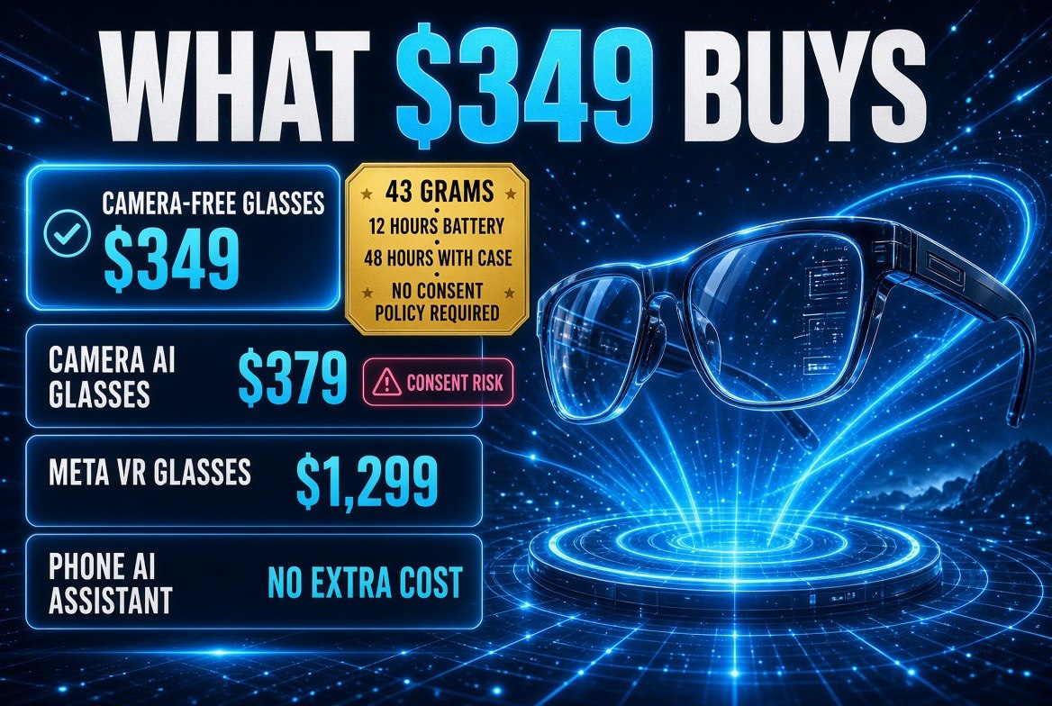 Price ladder infographic comparing camera-free AI glasses at 349 dollars, camera AI glasses at 379 dollars, Meta VR Glasses at 1299 dollars and a phone AI assistant at no extra cost
