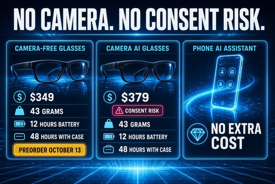 Comparison of Meta camera-free AI glasses at 349 dollars against camera AI glasses and a phone AI assistant