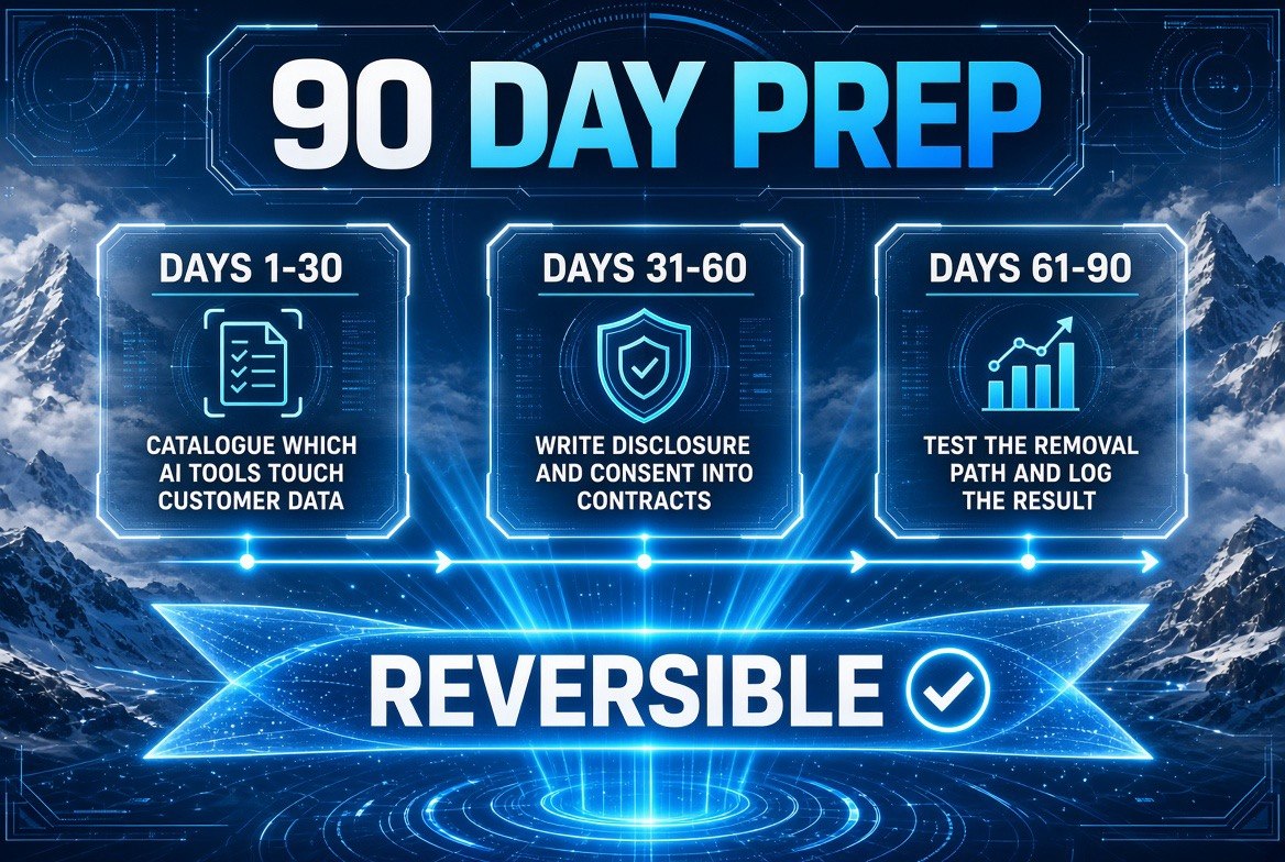 90-day AI exposure preparation timeline for a small business: days 1 to 30 catalogue which AI tools touch customer data, days 31 to 60 write disclosure and consent into contracts, days 61 to 90 test the removal path and log the result, with a reversible banner