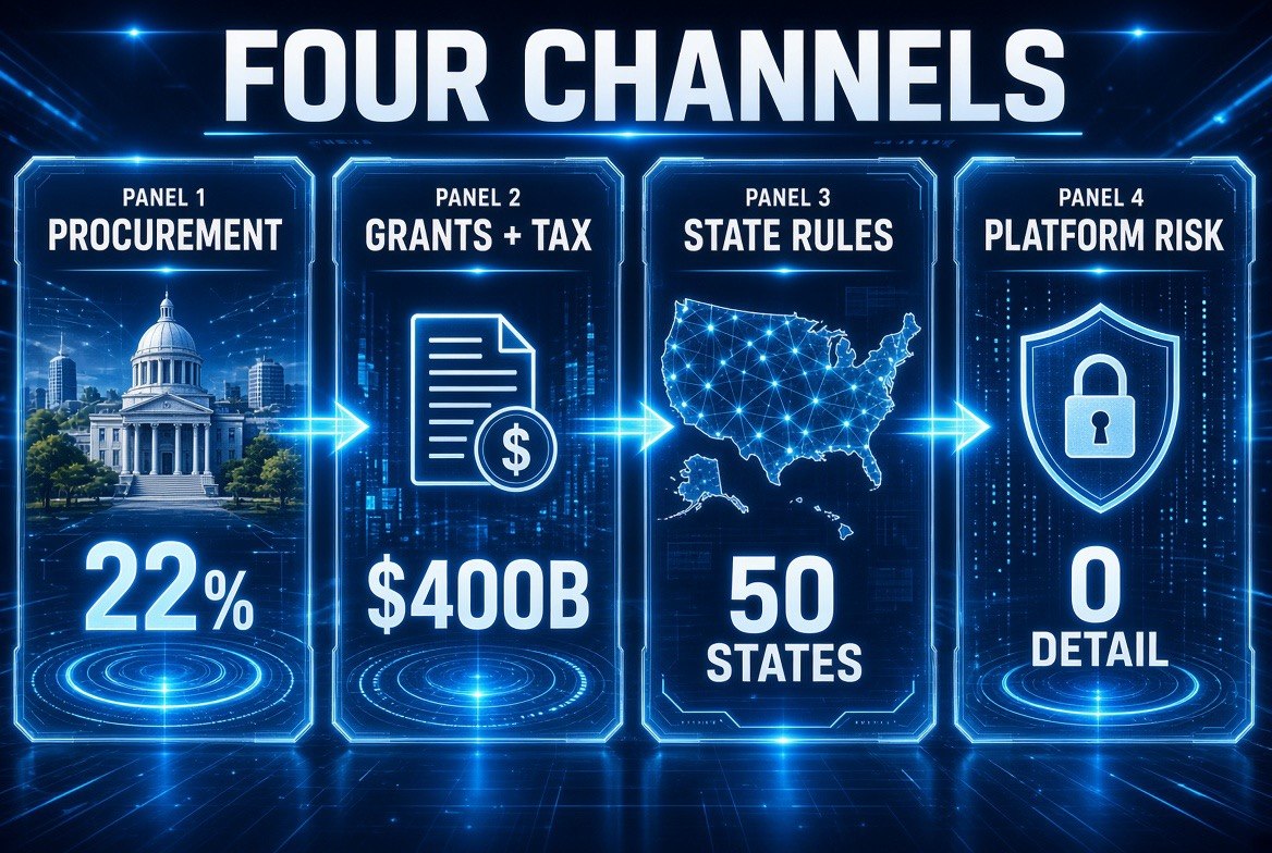 Four channels through which federal and platform AI rules reach a US small business: procurement 22 percent set-aside, federal grants and tax 400 billion, state rules across 50 states, platform and insurer policies with zero public detail