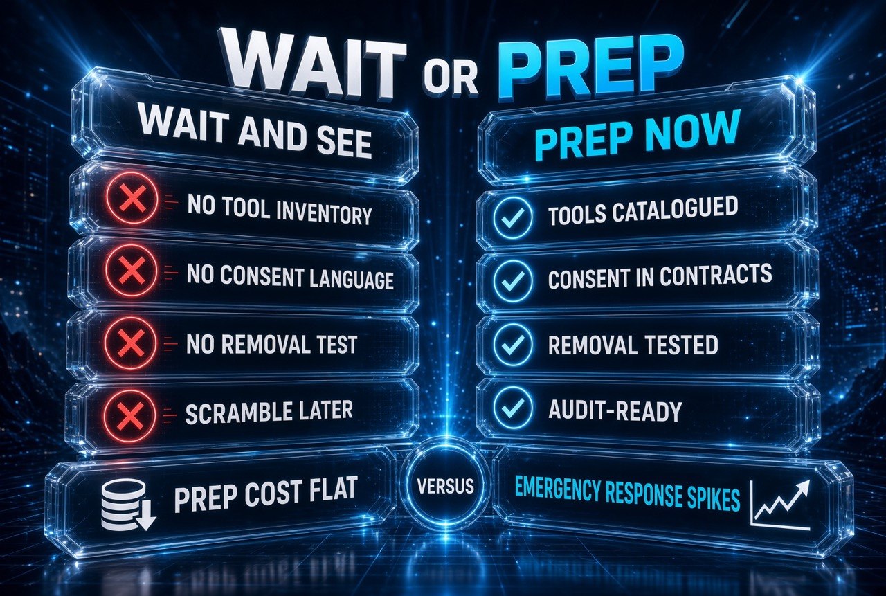 Side by side comparison of waiting to see versus preparing now for new AI rules: wait and see has no tool inventory, no consent language, no removal test and scramble later, while prep now has tools catalogued, consent in contracts, removal tested and audit ready