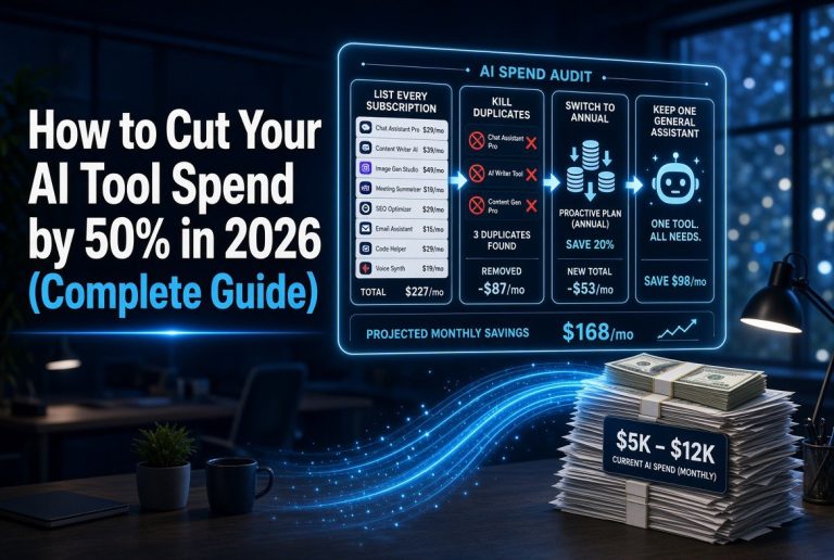 AI subscription audit infographic: list every subscription, kill duplicates, switch to annual, keep one general assistant