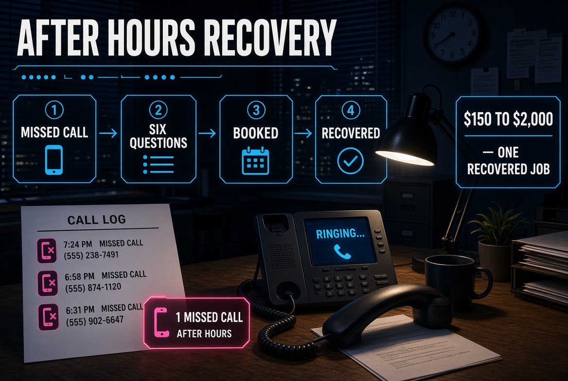 After-hours call recovery flow infographic showing missed call to booked appointment