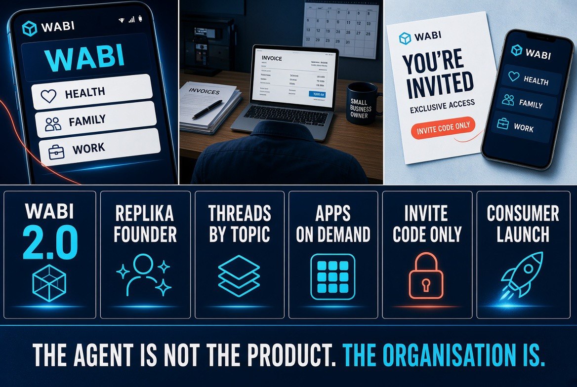 Wabi 2.0 messenger interface showing health, family and work threads with an on-demand generated app, alongside the invite-only launch details